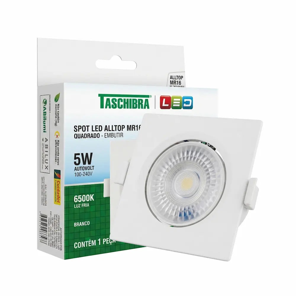 Kit Spot LED Embutir Quadrado Taschibra MR16 5W 6500K Branco Bivolt – Luz Fria