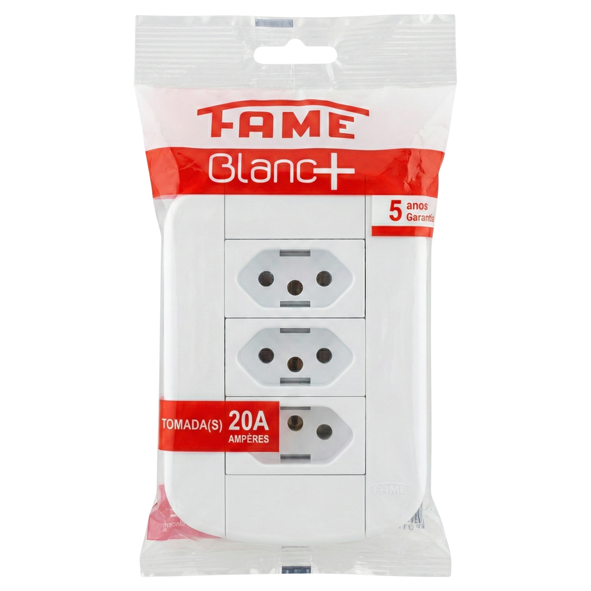 Conjunto 2 Tomadas Dupla FAME Blanc+ 20A 250V 4x2 - Padrão 3 Pinos Grosso - Espelho Branco - Ref. 3920 (Cópia)