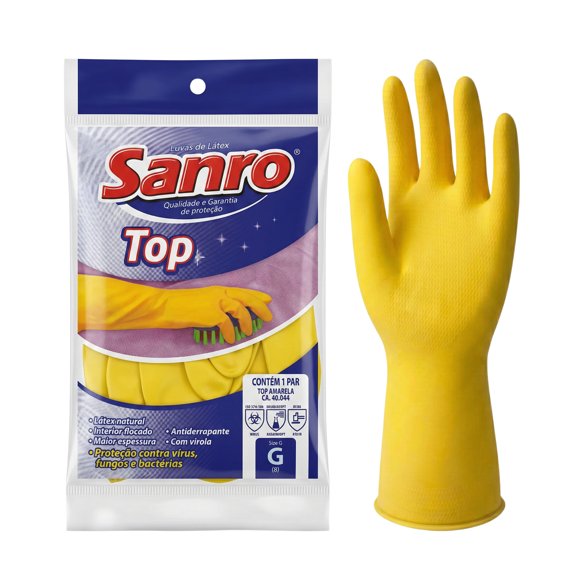 Luva de Látex Natural Sanro Top Amarela com Interior Flocado e Palma Antiderrapante