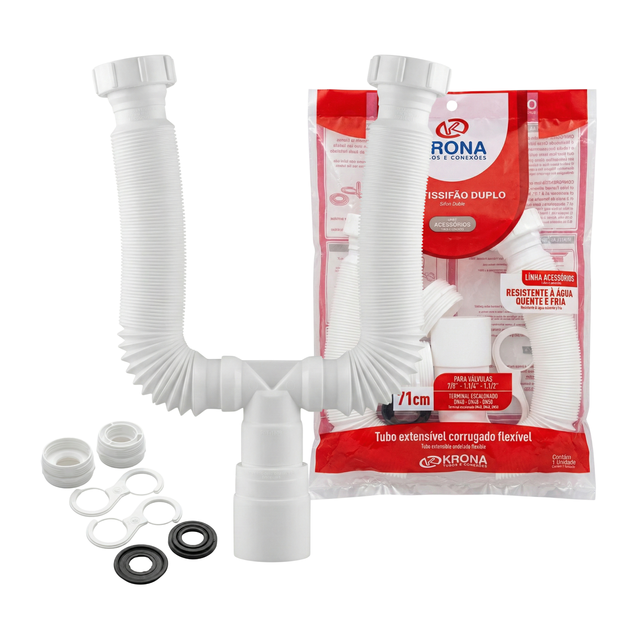 Multissifão Sanfonado Duplo Universal 71cm Krona - Para Pia e Tanque Duplo