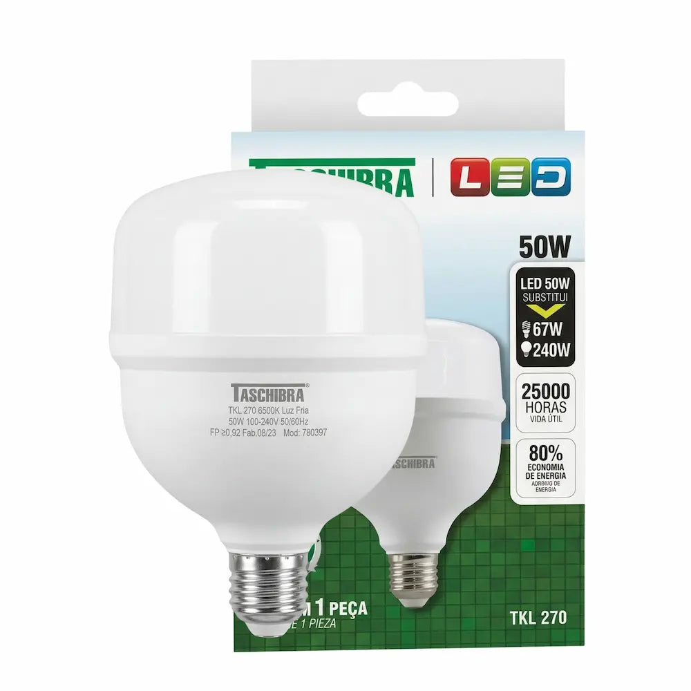 Lâmpada LED Bulbo Taschibra 50W E27 Bivolt 6500K Luz Branca Fria