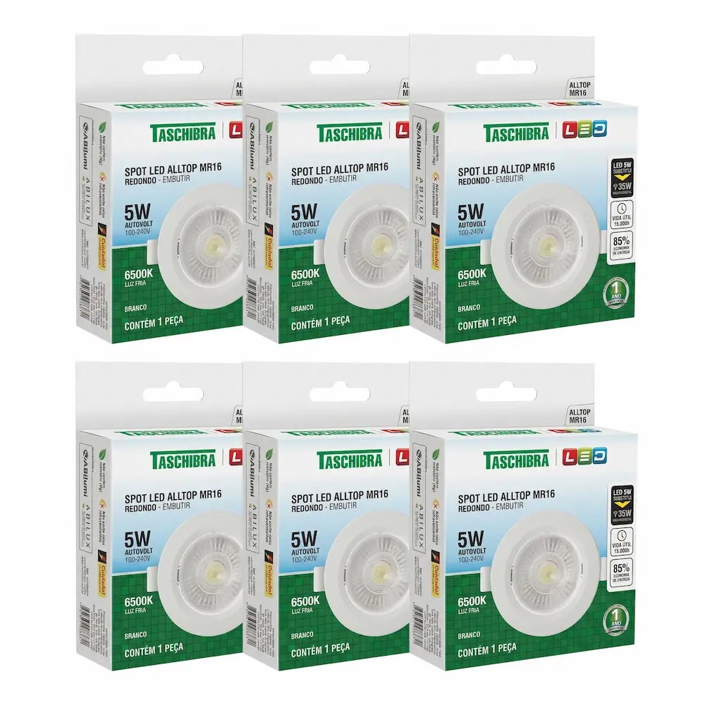 Kit Spot LED Embutir Redondo Taschibra MR16 5W 6500K Branco Bivolt – Luz Fria