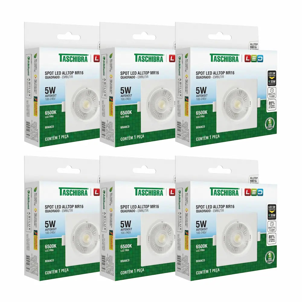 Kit Spot LED Embutir Quadrado Taschibra MR16 5W 6500K Branco Bivolt – Luz Fria