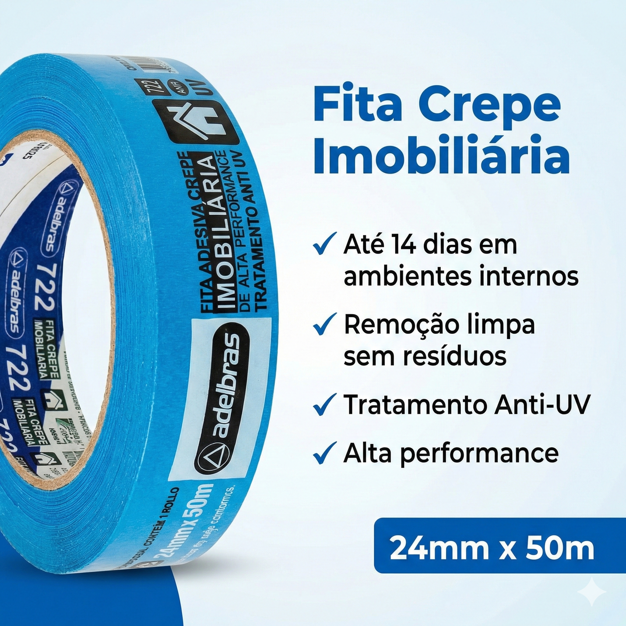 Fita Crepe Azul Profissional 24mm x 50m Adelbras - Anti-UV com Remoção Limpa até 14 Dias