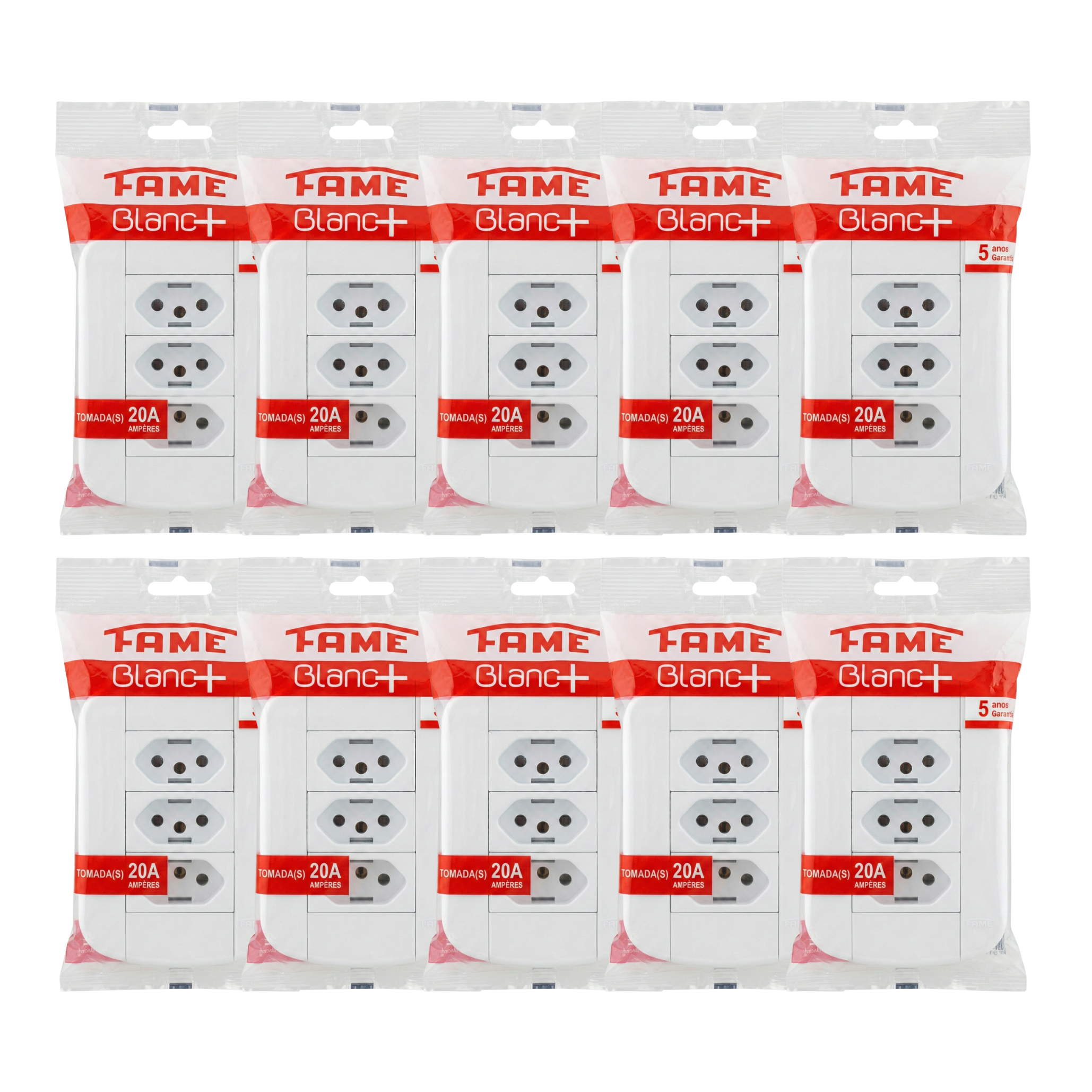 Conjunto 2 Tomadas Dupla FAME Blanc+ 20A 250V 4x2 - Padrão 3 Pinos Grosso - Espelho Branco - Ref. 3920 (Cópia)