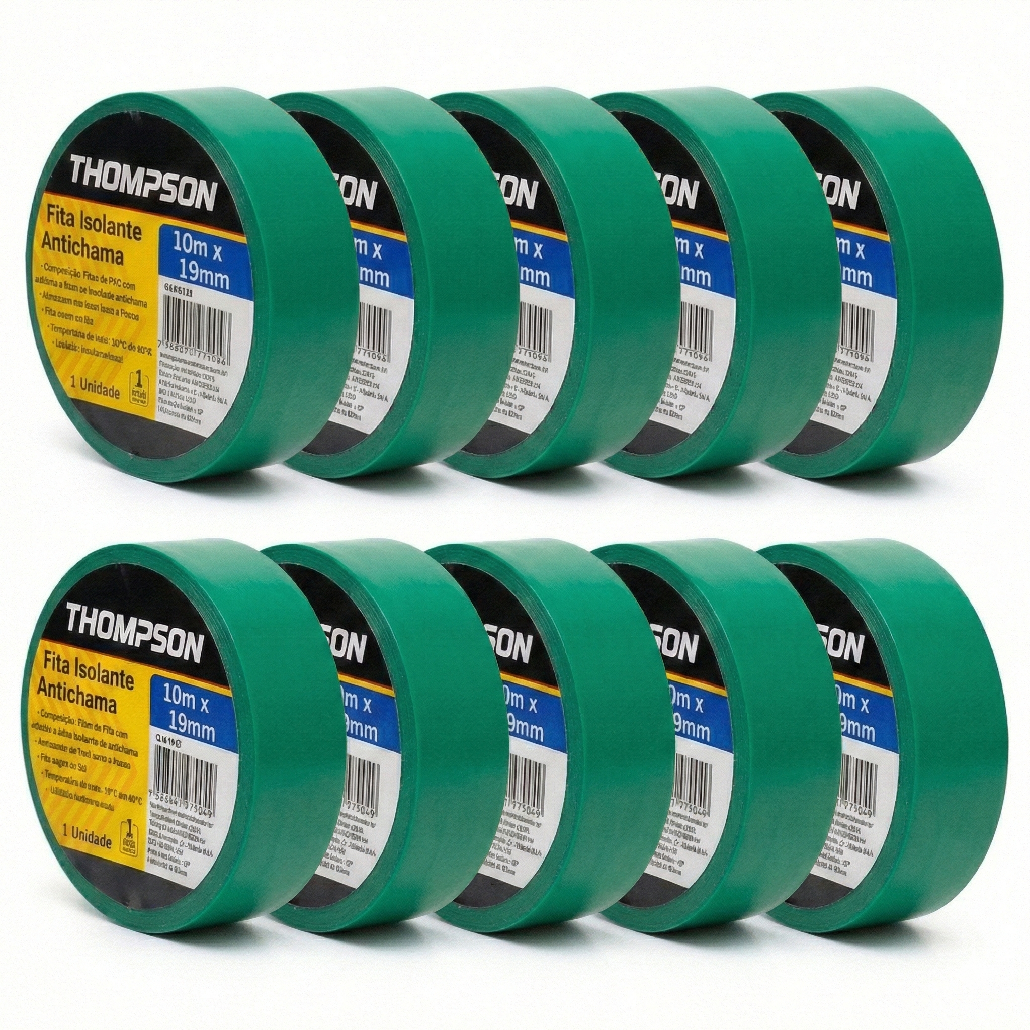 Kit 10 Fitas Isolantes Thompson 19mm x 10m Antichama - Azul, Amarelo ou Verde - Identificação até 750V