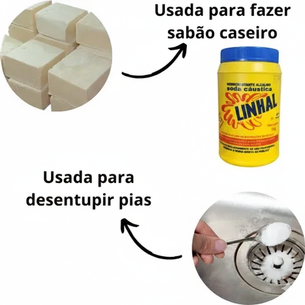 Soda Cáustica Linhal 1kg para Desentupir Pias, Vasos e Encanamentos