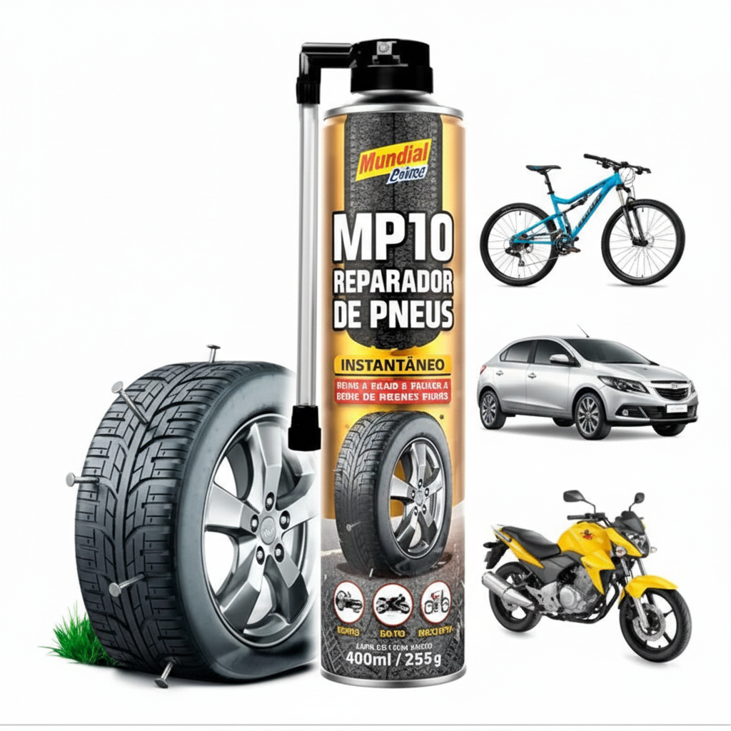 Reparador de Pneu Spray MP10 400ml Mundial Prime Instantâneo Carro Moto Bike