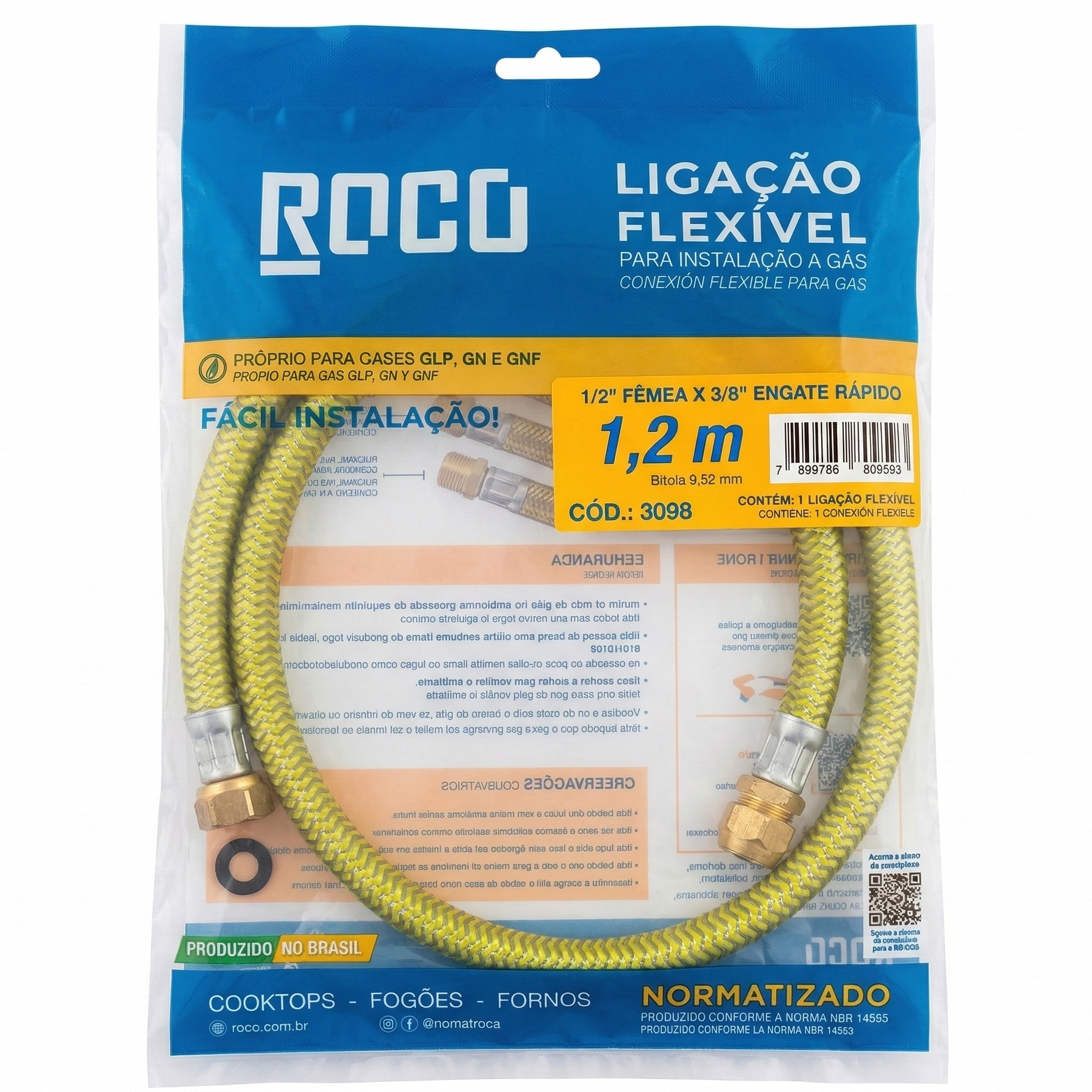 Ligação Flexível para Gás ROCO 1,2m - 1/2" Fêmea x 3/8" Engate Rápido - Ref: 3098