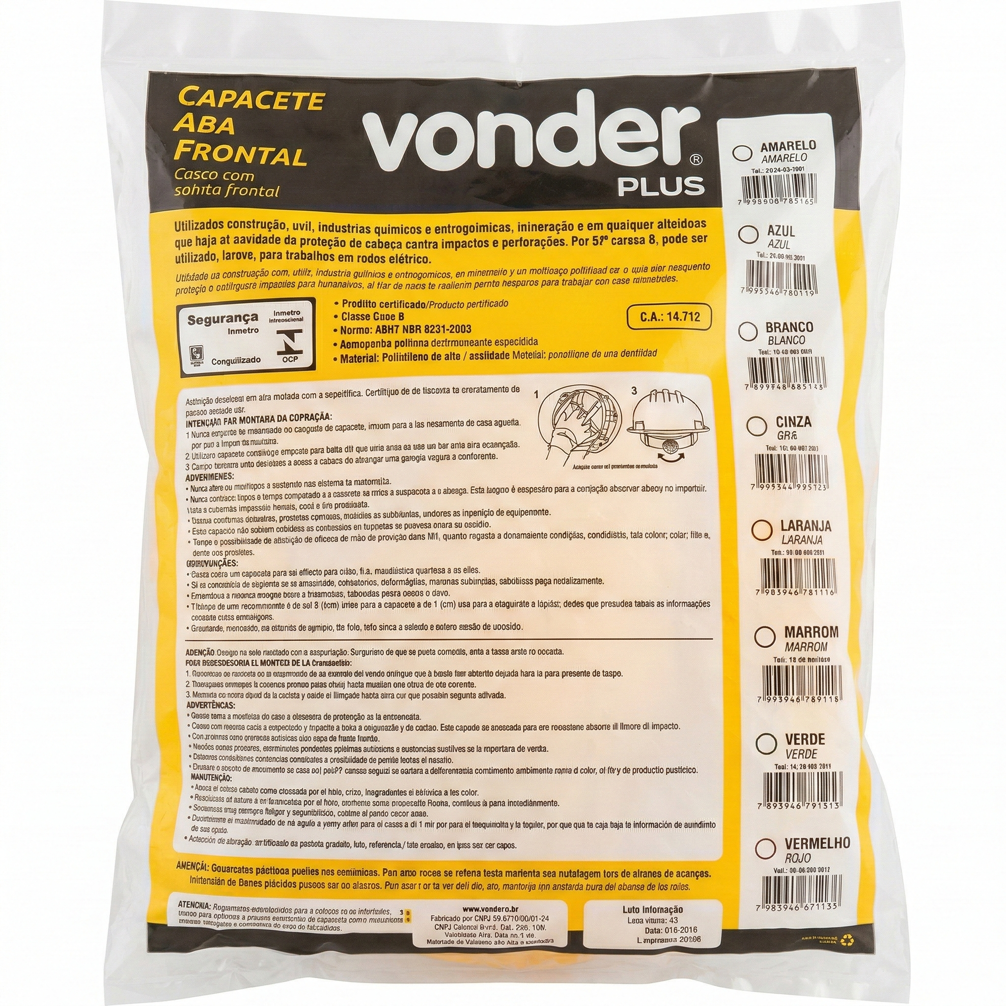 Capacete de Segurança Aba Frontal Vonder Plus Classe B Amarelo com Suspensão e Jugular