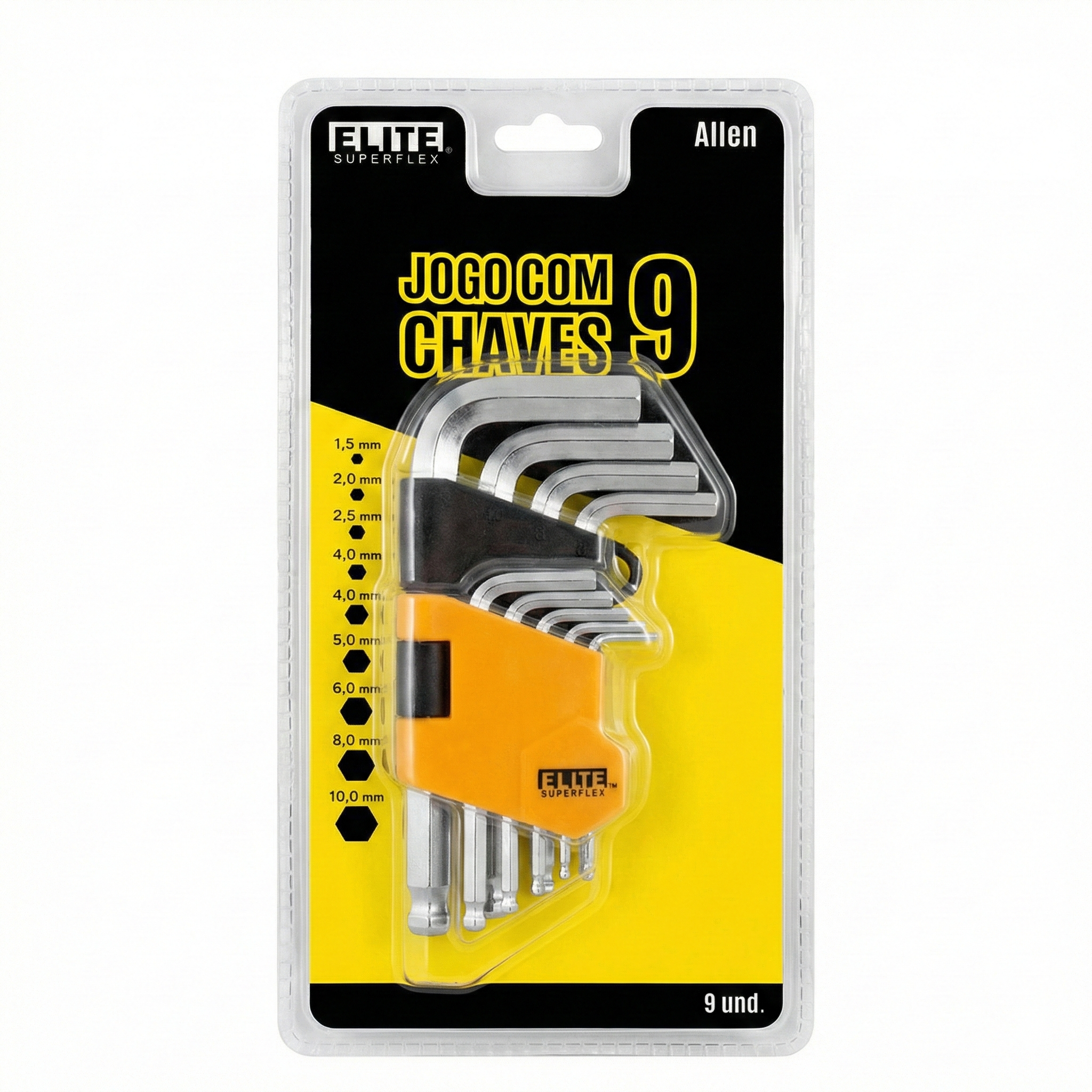 Jogo de Chave Allen Hexagonal 9 Peças Elite Superflex - 1,5mm a 10mm com Suporte Giratório 30°