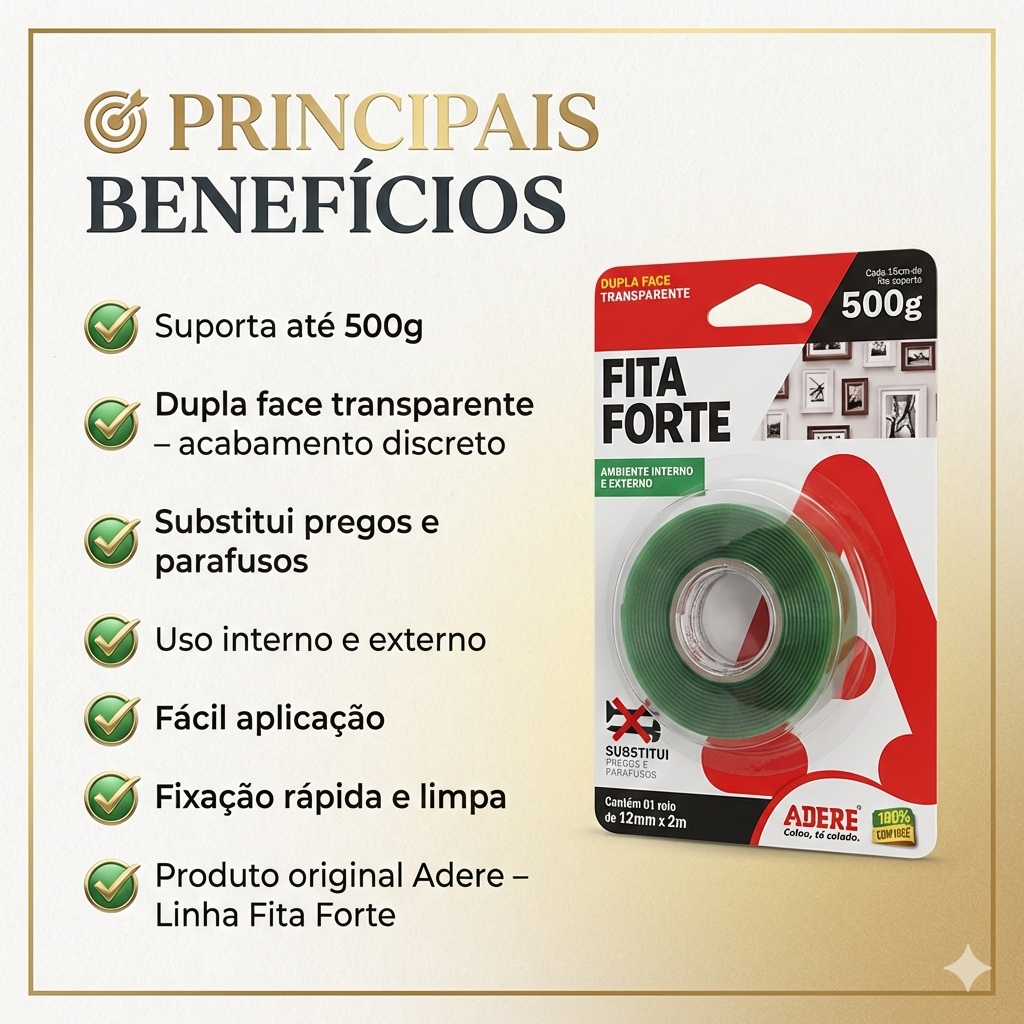 Fita Dupla Face Transparente Fita Forte Adere 12mm x 2m – Até 500g