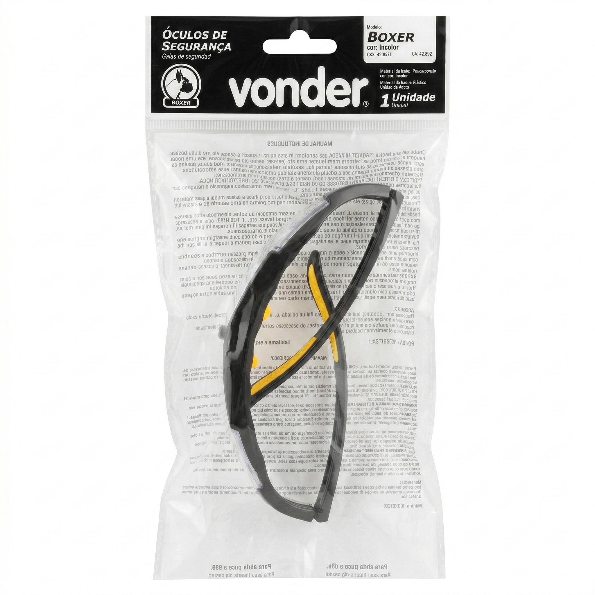 Óculos de Segurança Vonder Boxer Incolor com Haste Ajustável e Proteção UV - C.A. 42.919