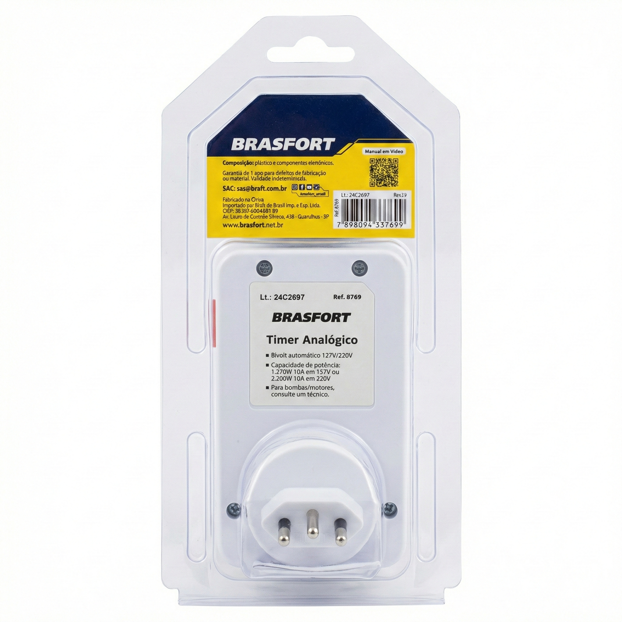 Timer Analógico Brasfort Bivolt 127V/220V Programação 24h Uso Geral