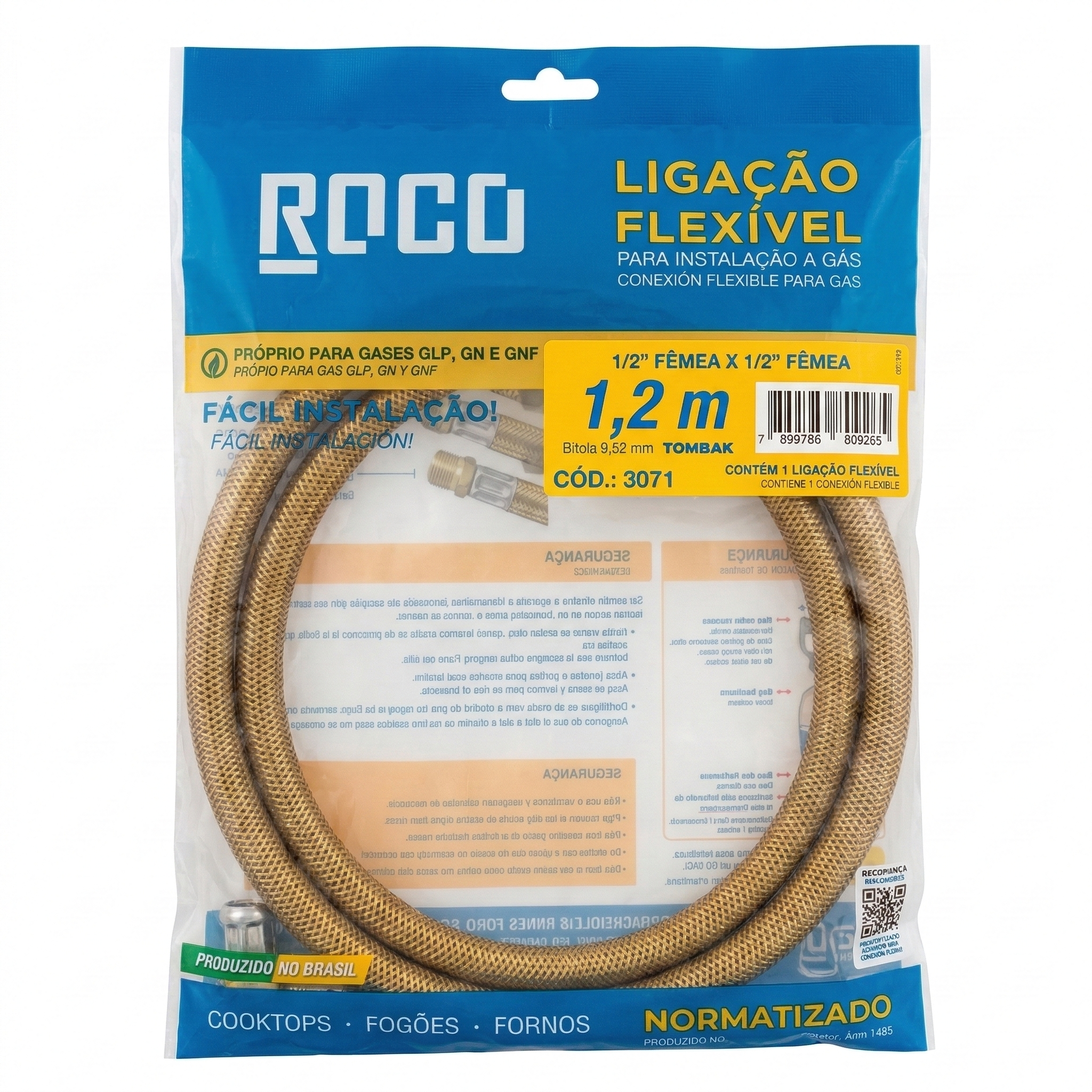 Ligação Flexível Metálica para Gás ROCO 1,2m - 1/2" Fêmea x 1/2" Fêmea em Tombak