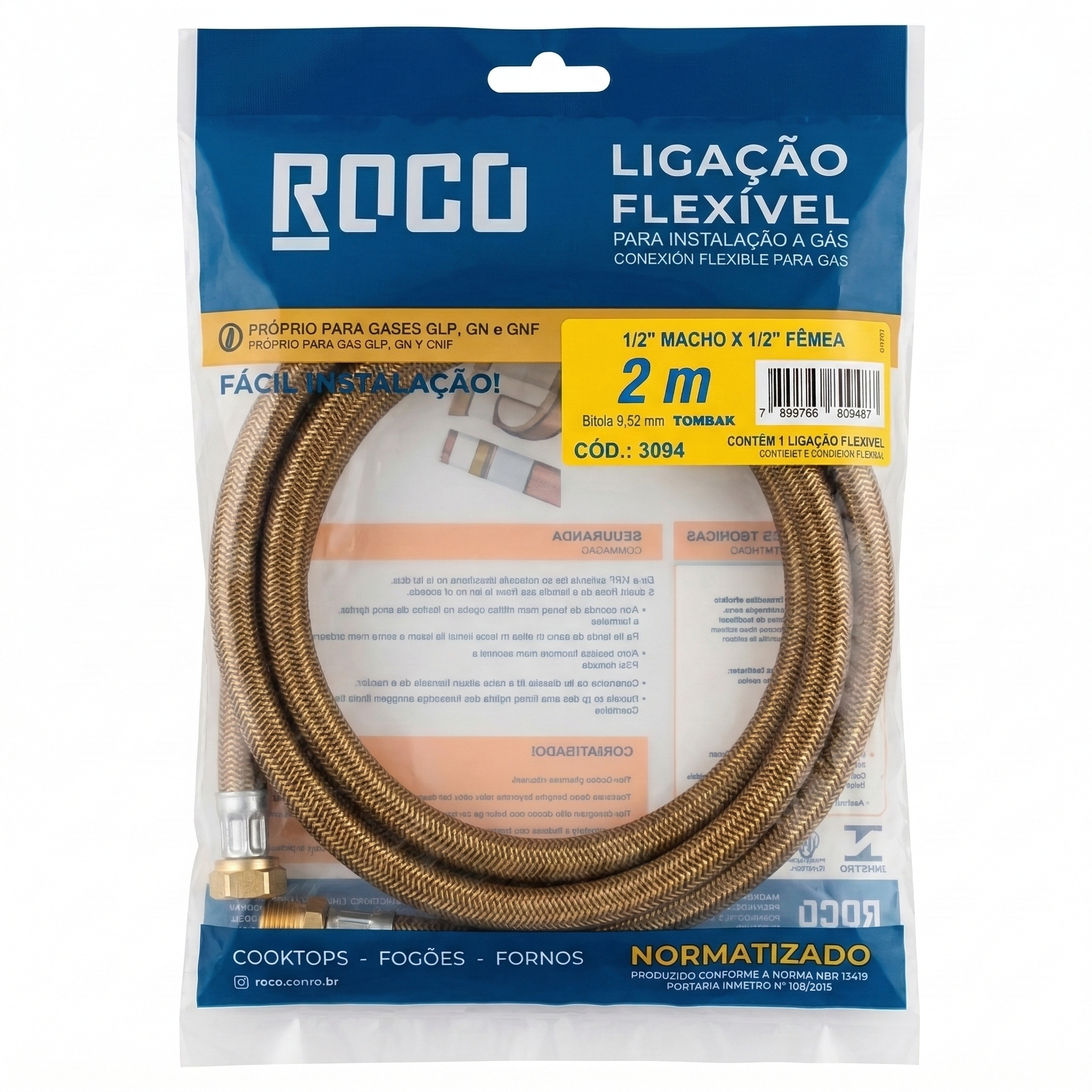 Ligação Flexível Metálica para Gás ROCO 2m - 1/2" Macho x 1/2" Fêmea em Tombak - Ref: 3094