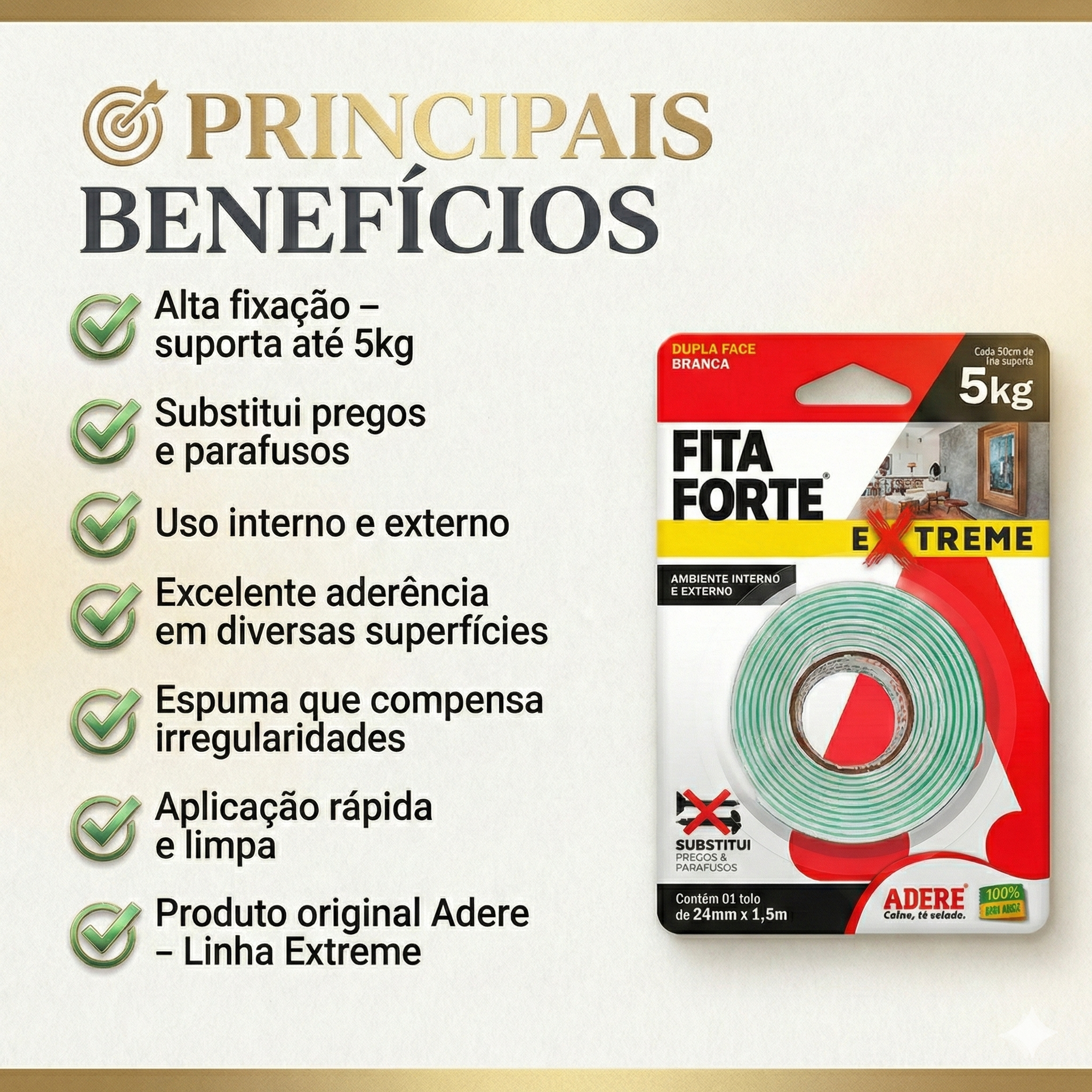 Fita Dupla Face Espuma Extreme Adere 24mm x 1,5m – Fixa Forte 5kg