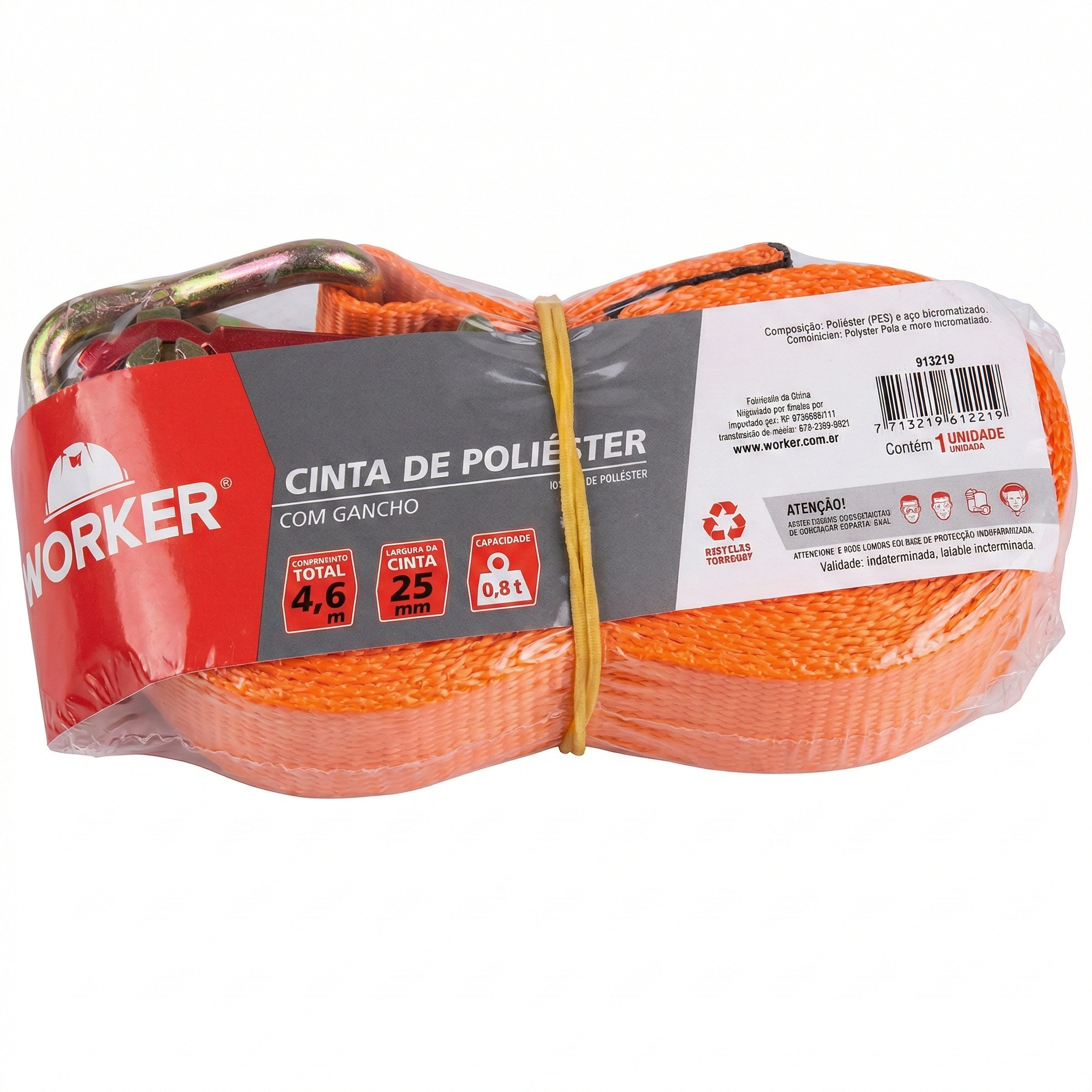 Cinta para Amarração de Carga Worker com Catraca e Gancho 25mm x 4,6m - Capacidade 800kg