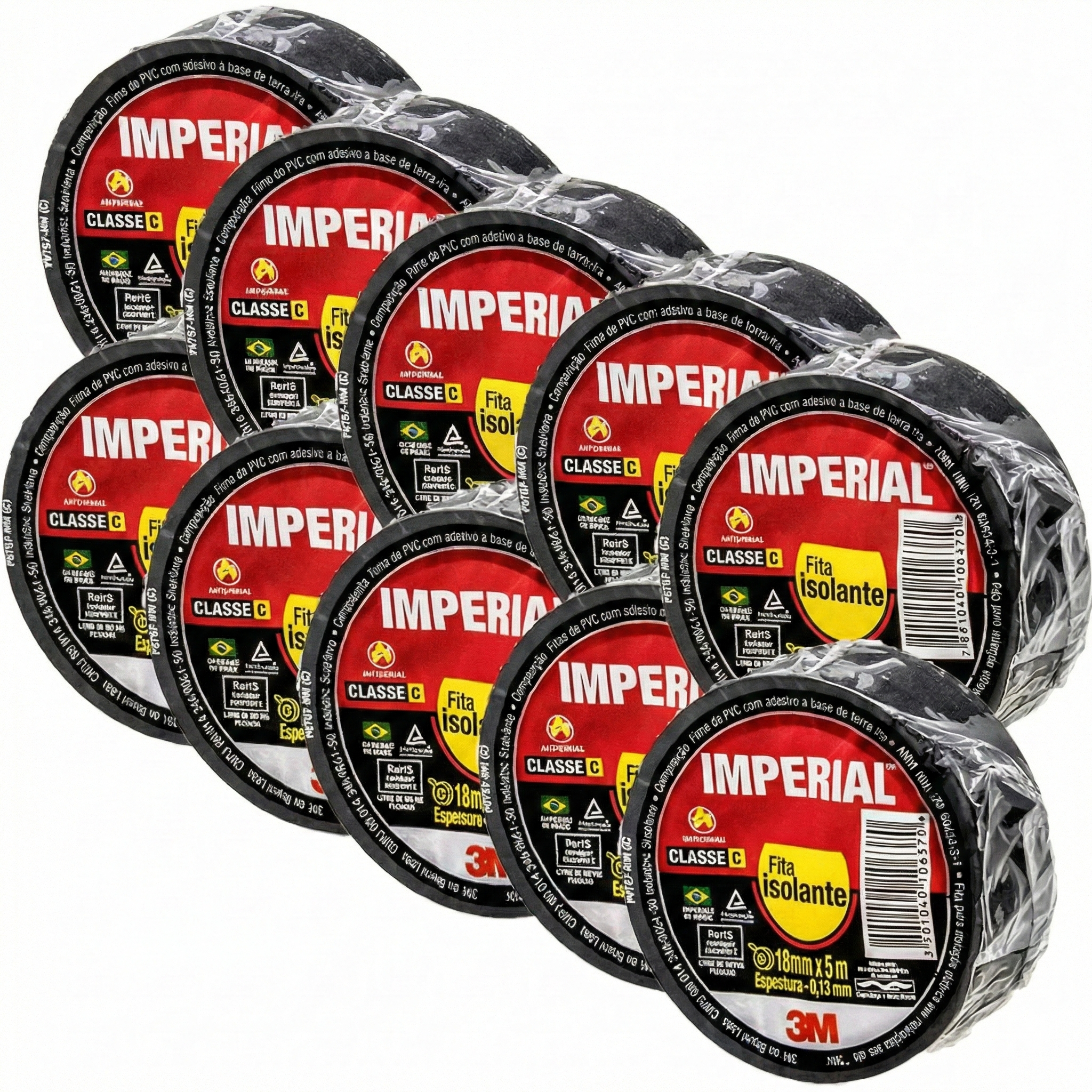 Kit 10 Fitas Isolantes Imperial Slim 18mm x 10m 3M Classe C - Certificada ABNT 750V Dobro de Metragem