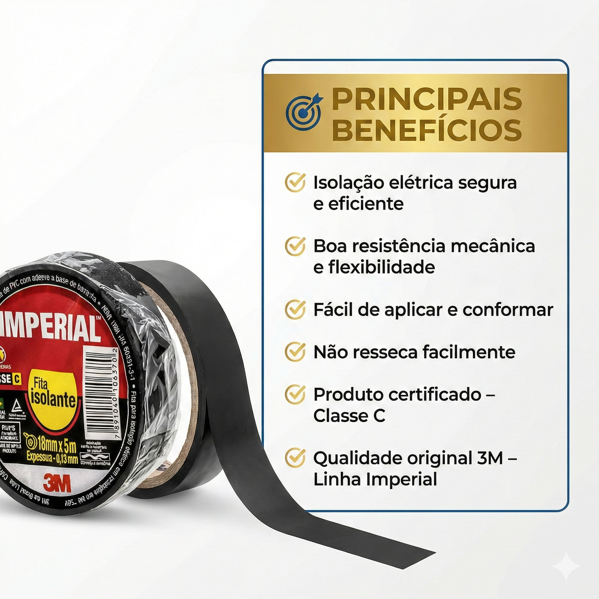 Kit 10 Fitas Isolantes Imperial Slim 18mm x 10m 3M Classe C - Certificada ABNT 750V Dobro de Metragem
