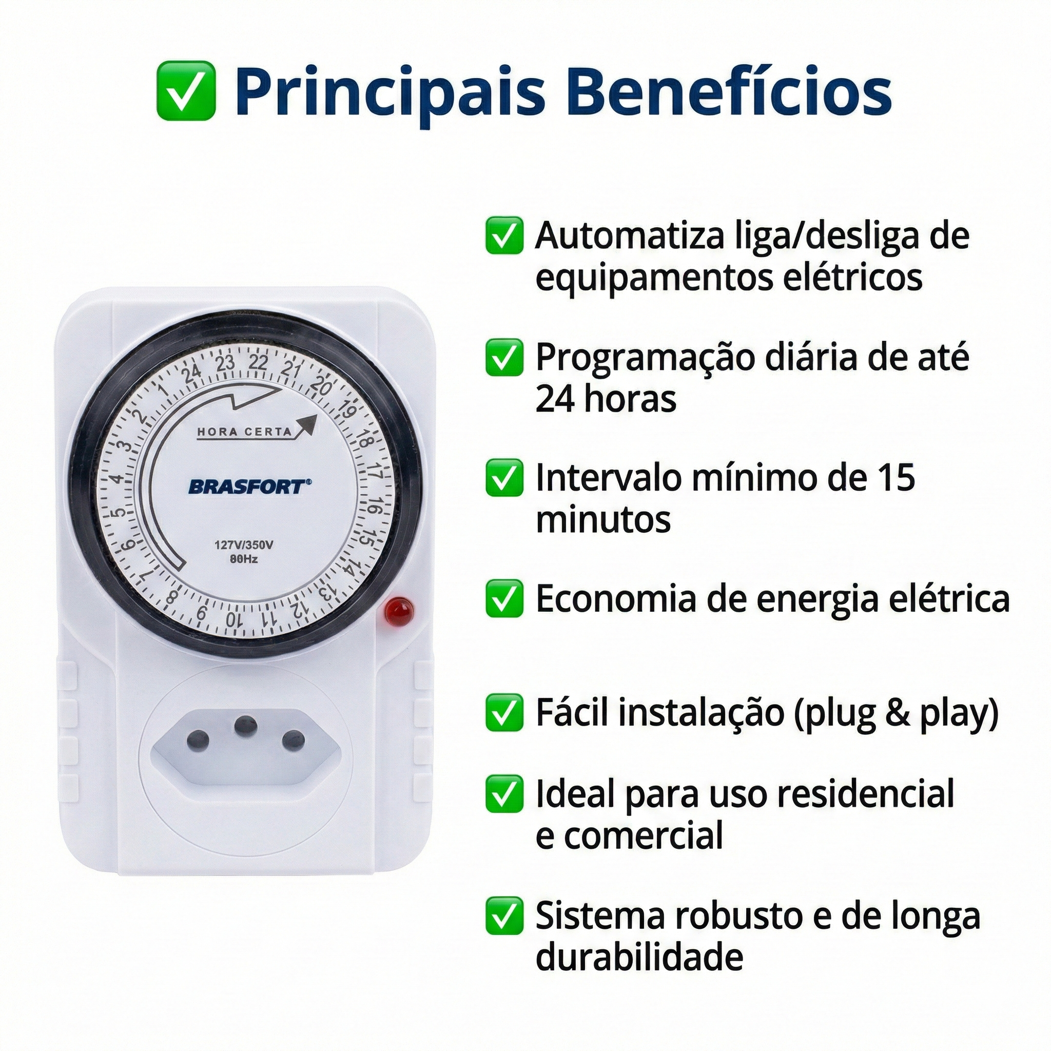 Timer Analógico Brasfort Bivolt 127V/220V Programação 24h Uso Geral