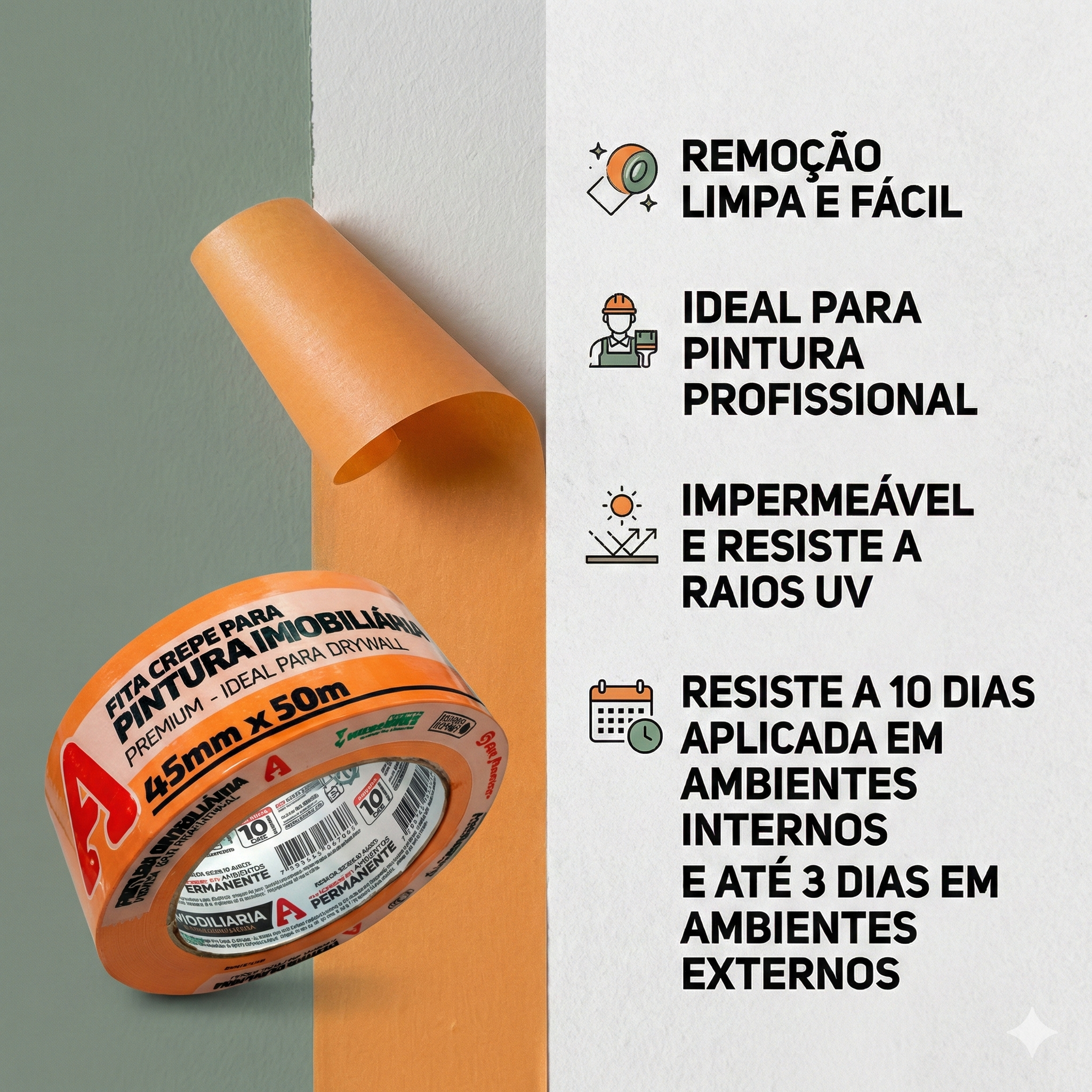 Fita Crepe Laranja 45mm x 50m Adere - Premium Ideal para Drywall e Pintura Imobiliária