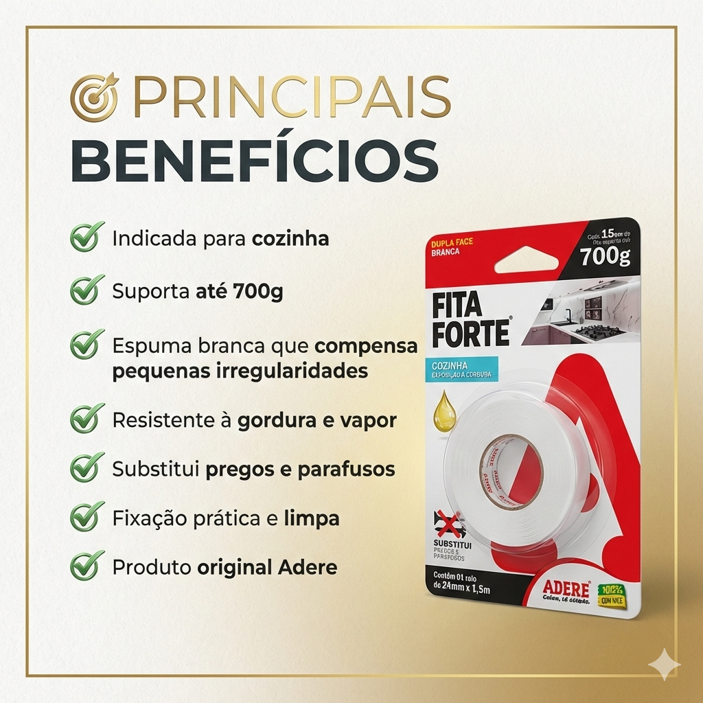 Fita Dupla Face Espuma Branca Adere Cozinha 24mm x 1,5m – Até 700g
