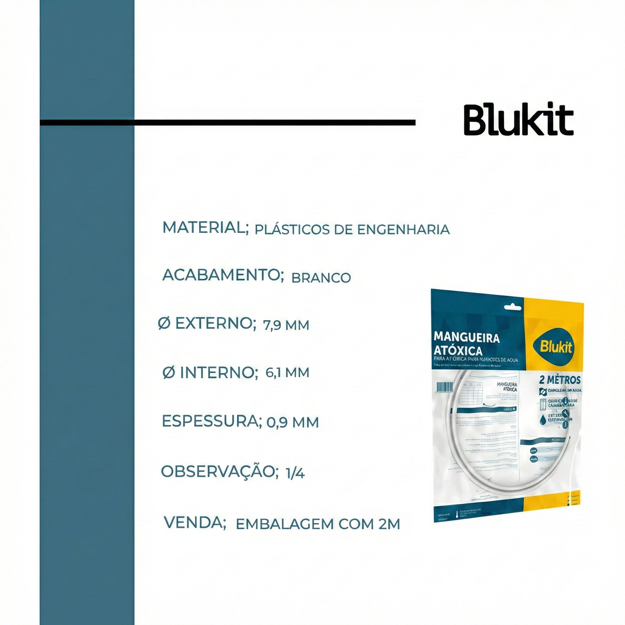 Mangueira Atóxica Branca para Filtros e Purificadores de Água 1/4" (2 Metros) - Blukit