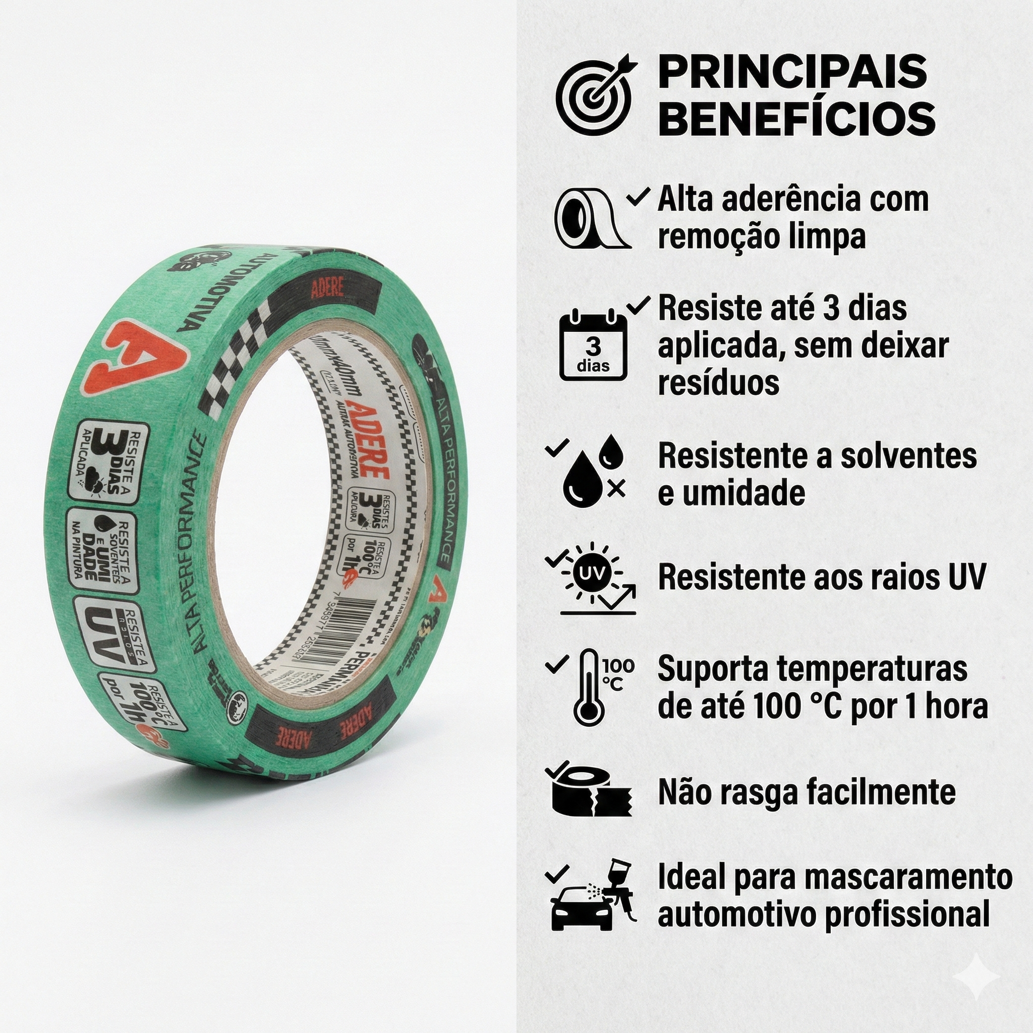 Kit 5 Unidades – Fita Crepe Adere Verde 24mm x 50m Automotiva 525 | Alta Performance