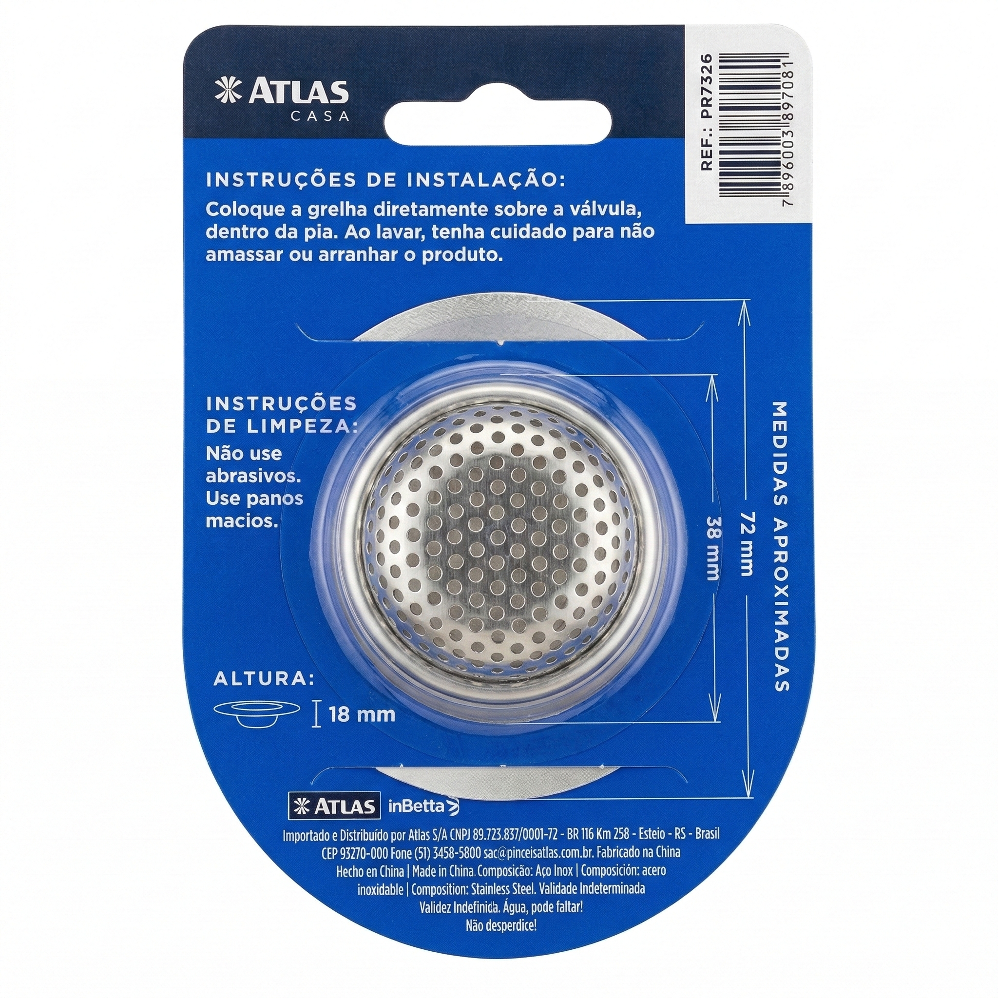 Grelha de Inox para Tanque Atlas Casa Premium - 7 cm (Válvulas 1 1/2") - Anti-Entupimento