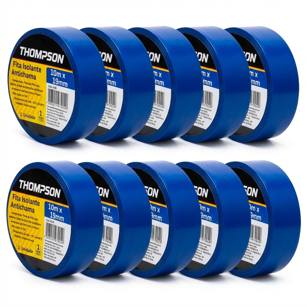 Kit 10 Fitas Isolantes Thompson 19mm x 10m Antichama - Azul, Amarelo ou Verde - Identificação até 750V