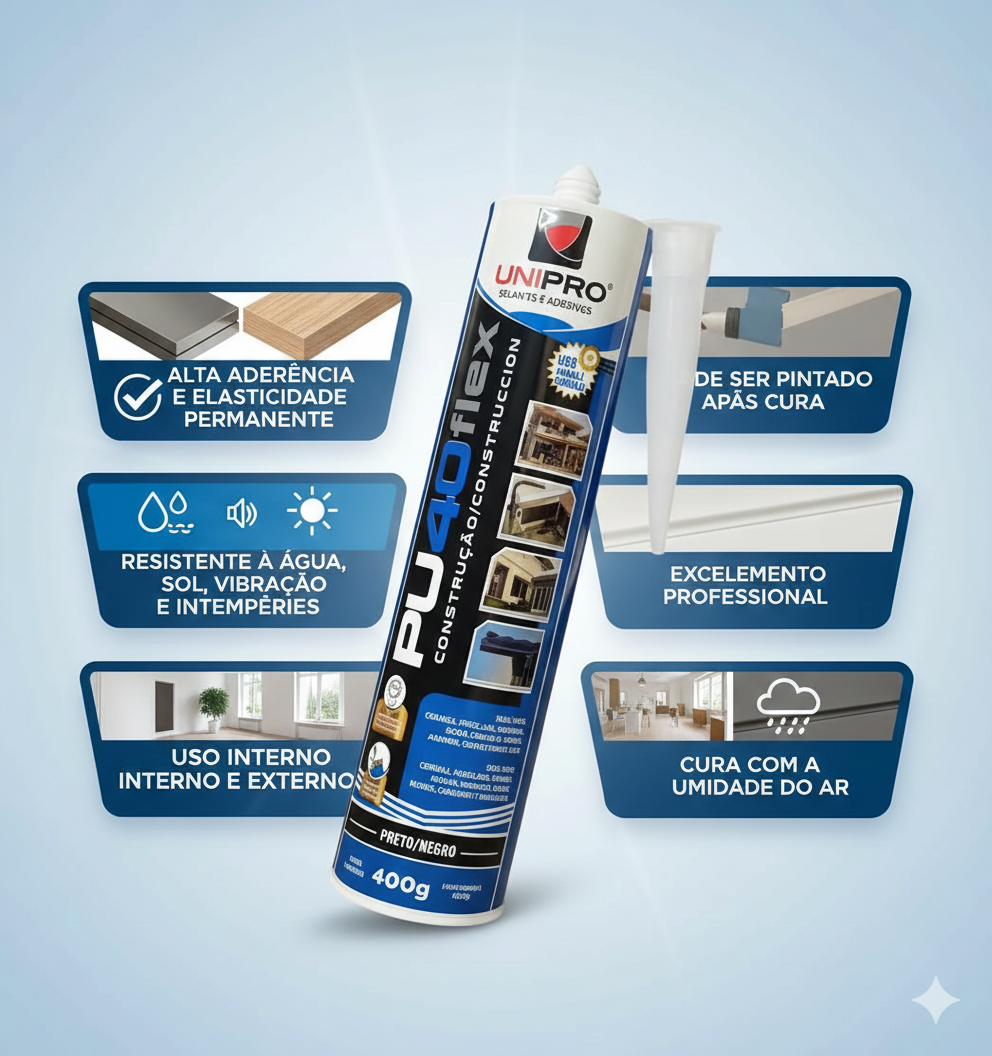 Adesivo Selante PU40 Unipro 400g – Preto, Cinza ou Branco (Poliuretano Profissional)
