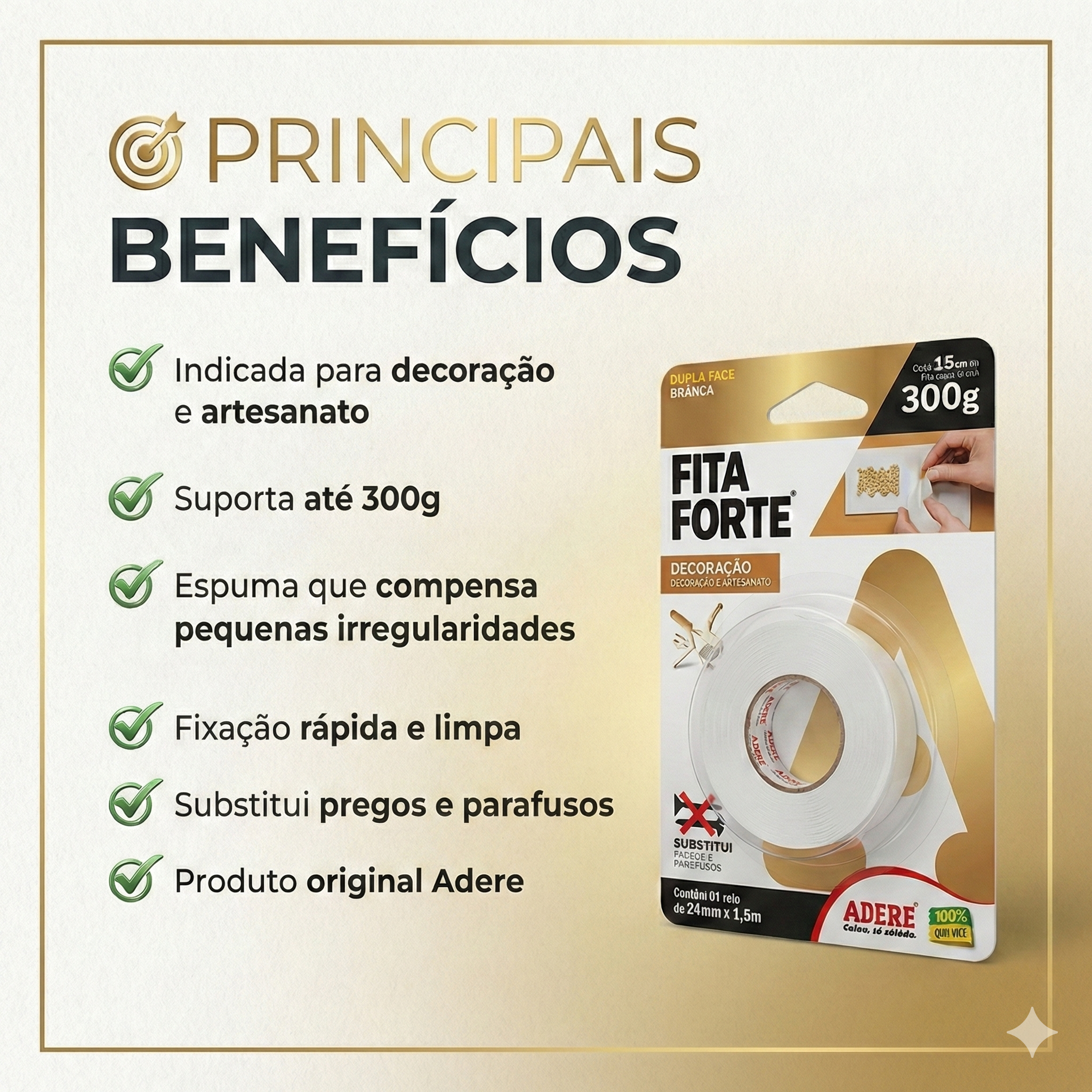 Fita Dupla Face Espuma Adere 19mm x 1,5m – Até 300g | Decoração e Artesanato