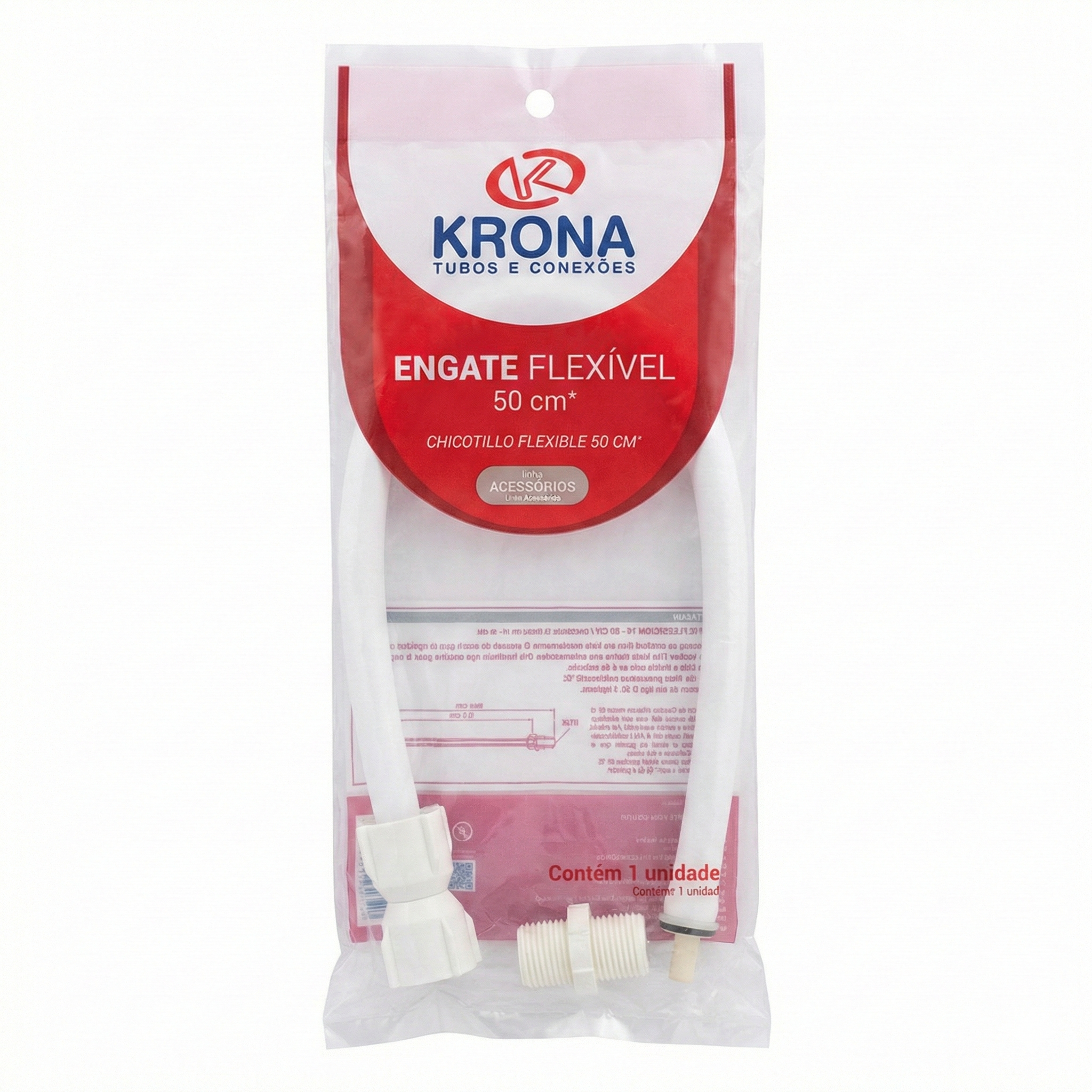 Engate Flexível PVC 1/2" Krona - Branco - Variações: 40cm, 50cm, 60cm e 1 Metro