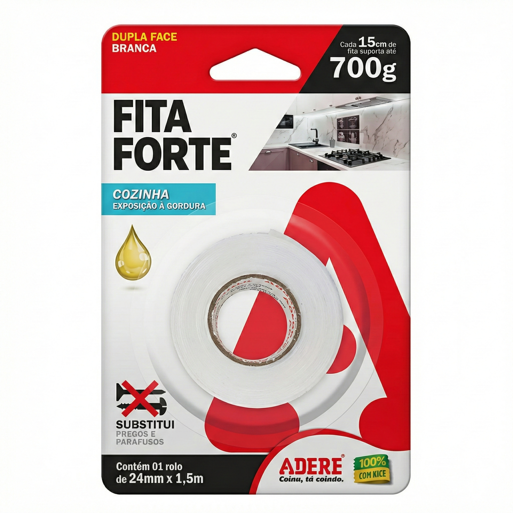 Fita Dupla Face Espuma Branca Adere Cozinha 24mm x 1,5m – Até 700g