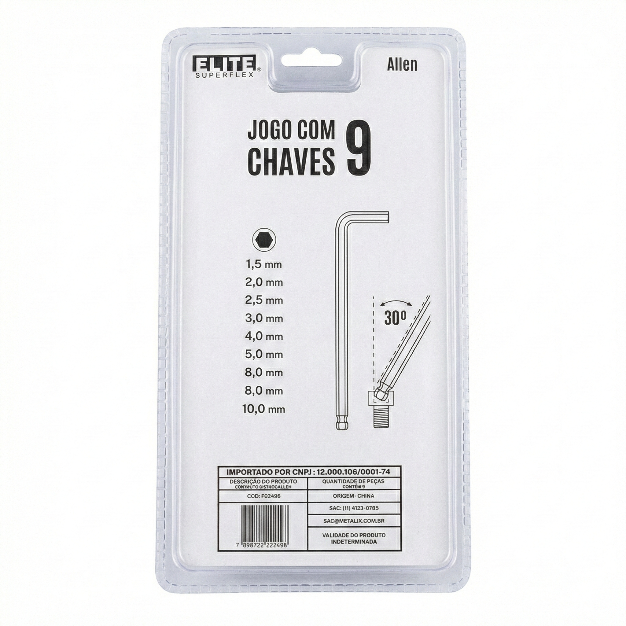 Jogo de Chave Allen Hexagonal 9 Peças Elite Superflex - 1,5mm a 10mm com Suporte Giratório 30°