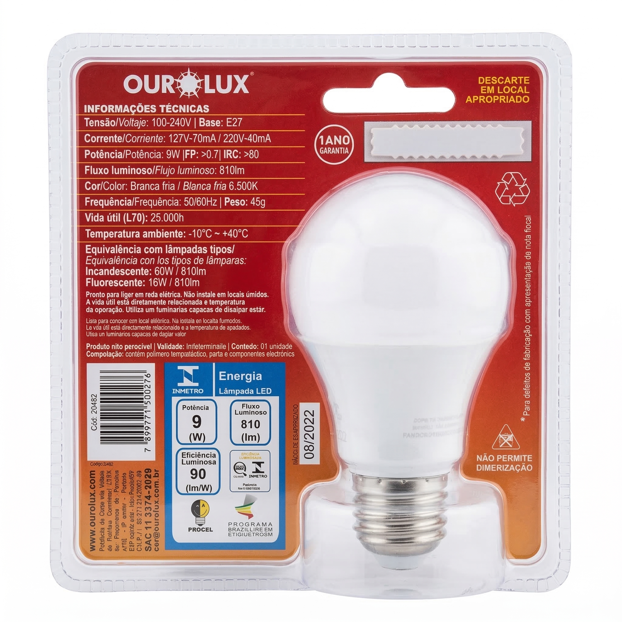 Lâmpada LED Bulbo 9W 2 em 1 Anti-Inseto / Luz Branca E27 Bivolt Ourolux