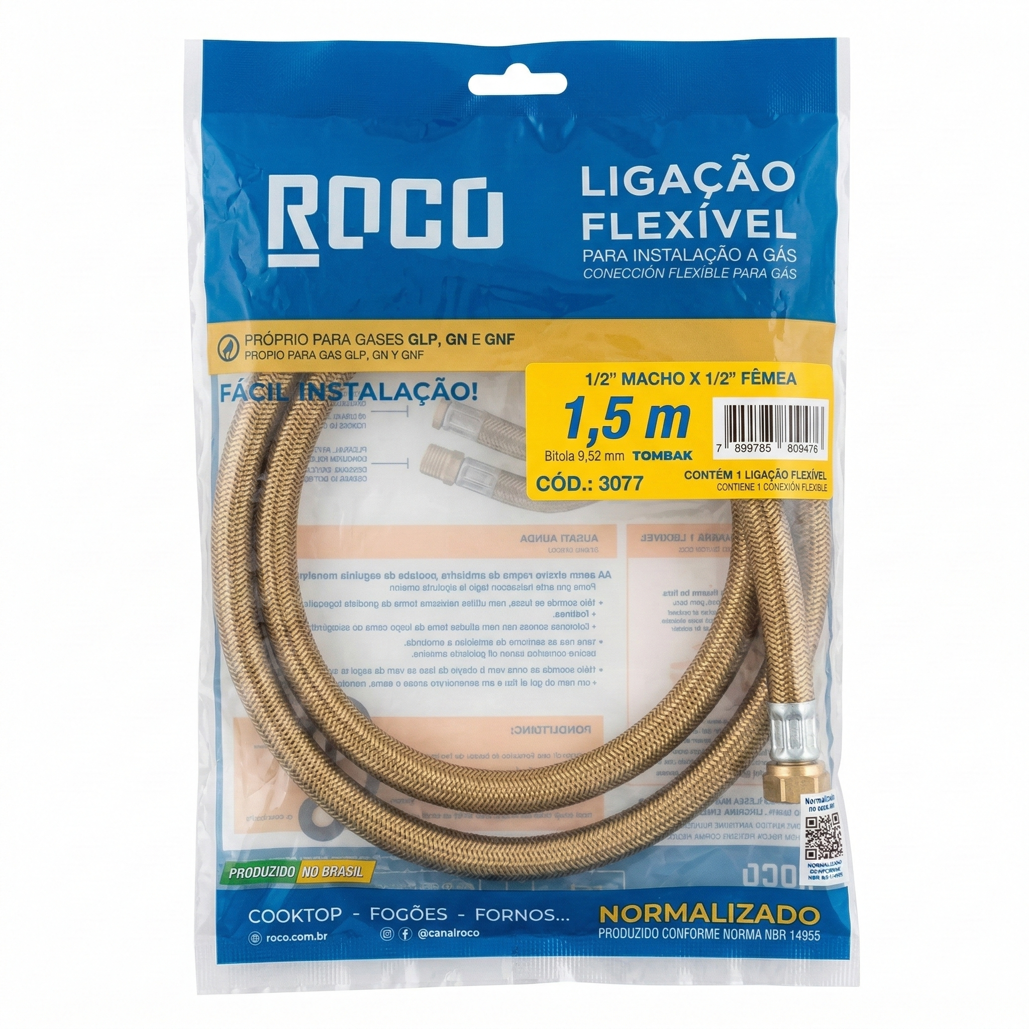 Ligação Flexível Metálica para Gás ROCO 1,5m - 1/2" Macho x 1/2" Fêmea em Tombak - Ref: 3077