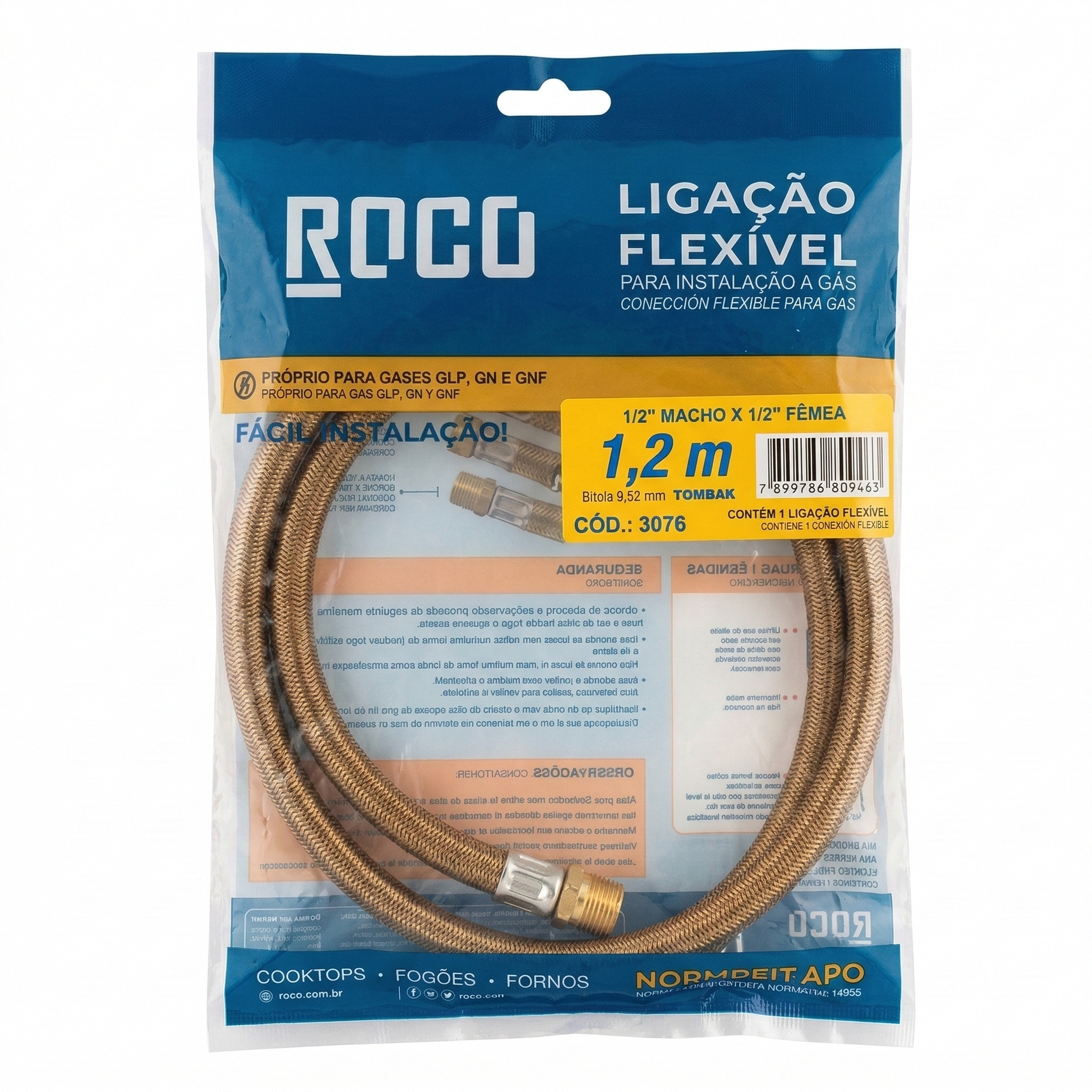 Ligação Flexível Metálica para Gás ROCO 1,2m - 1/2" Macho x 1/2" Fêmea em Tombak - Ref: 3076