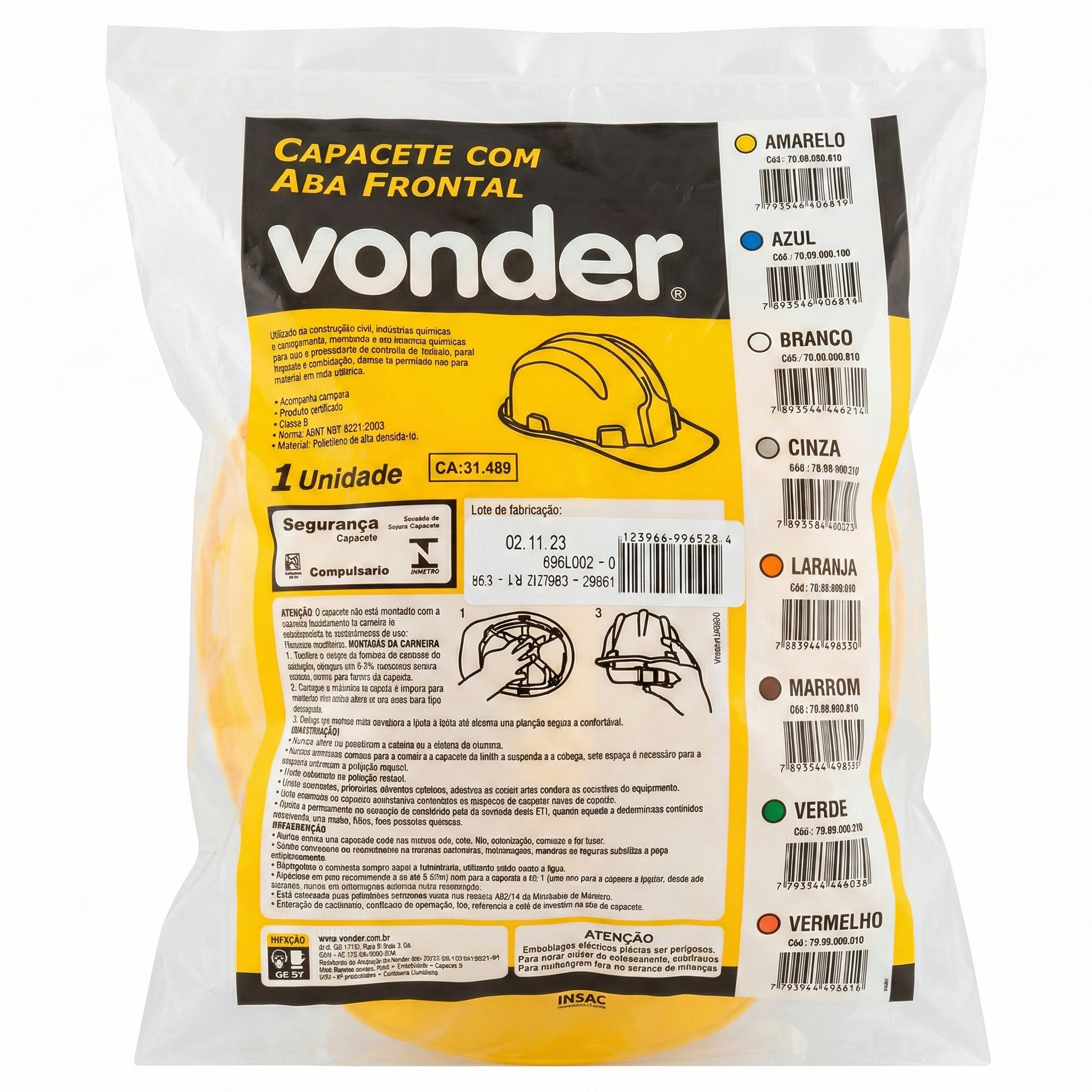 Capacete de Segurança Aba Frontal Vonder Classe B Branco com Suspensão - C.A. 31.469