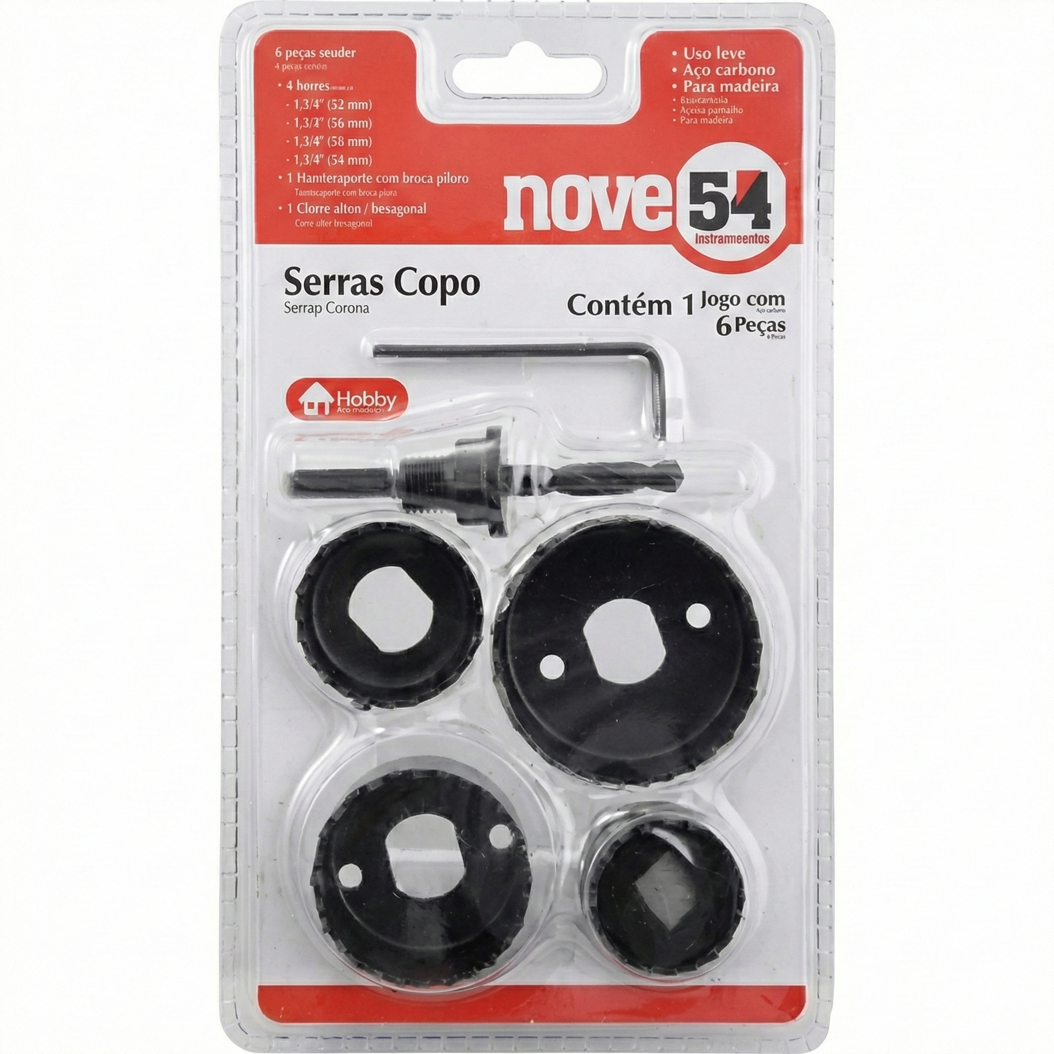 Kit Serra Copo Aço Carbono 6 Peças Nove54 - Diâmetros Variados com Adaptador e Broca Piloto