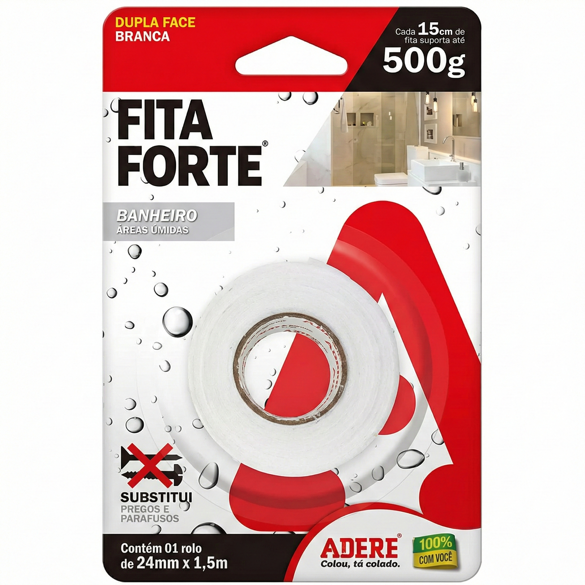 Fita Dupla Face Espuma Branca Adere para Banheiro 24mm x 1,5m – Até 500g