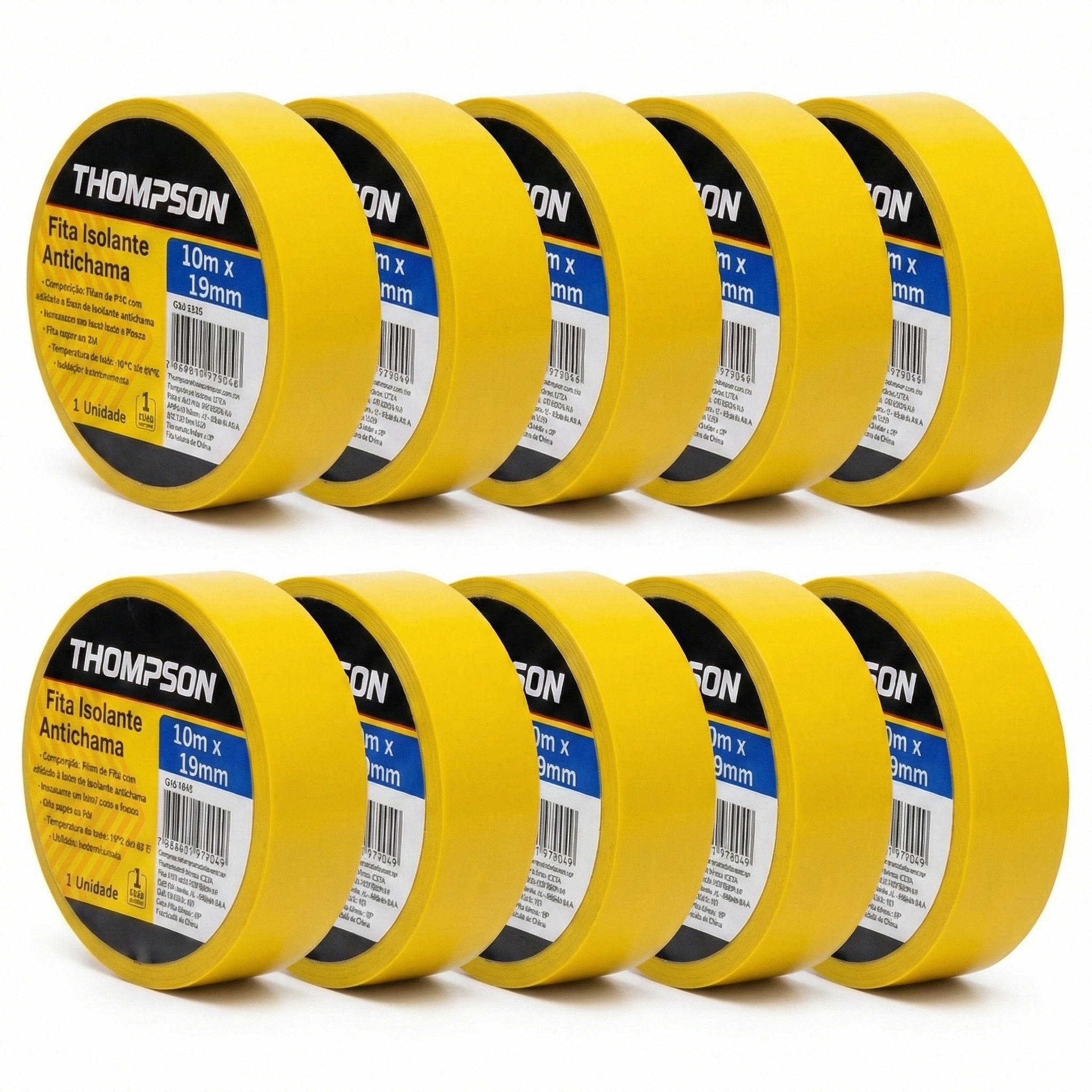 Kit 10 Fitas Isolantes Thompson 19mm x 10m Antichama - Azul, Amarelo ou Verde - Identificação até 750V