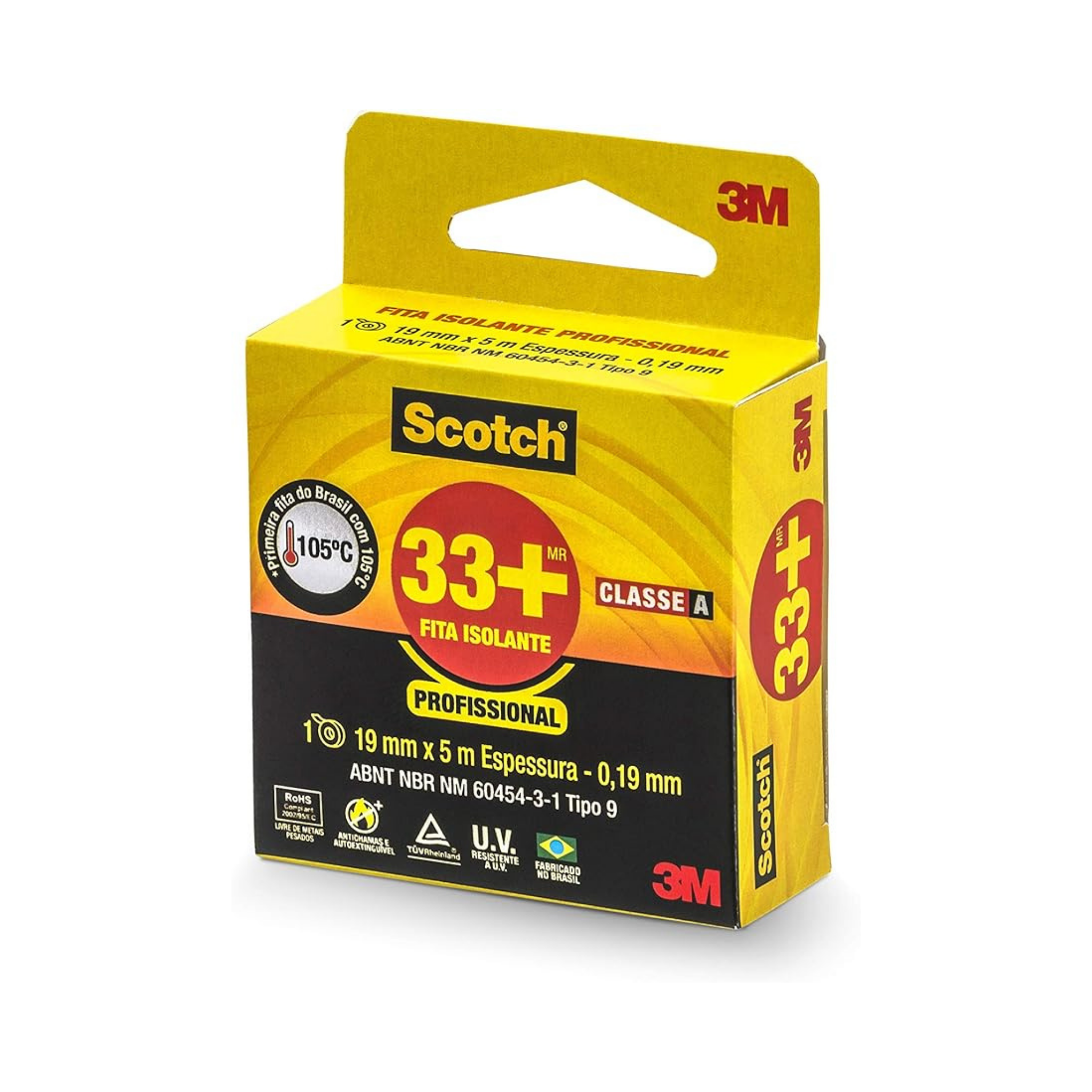 Fita Isolante 3M Scotch 33+ Profissional 19mm Classe A - 105°C Certificada ABNT - 5m ou 10m