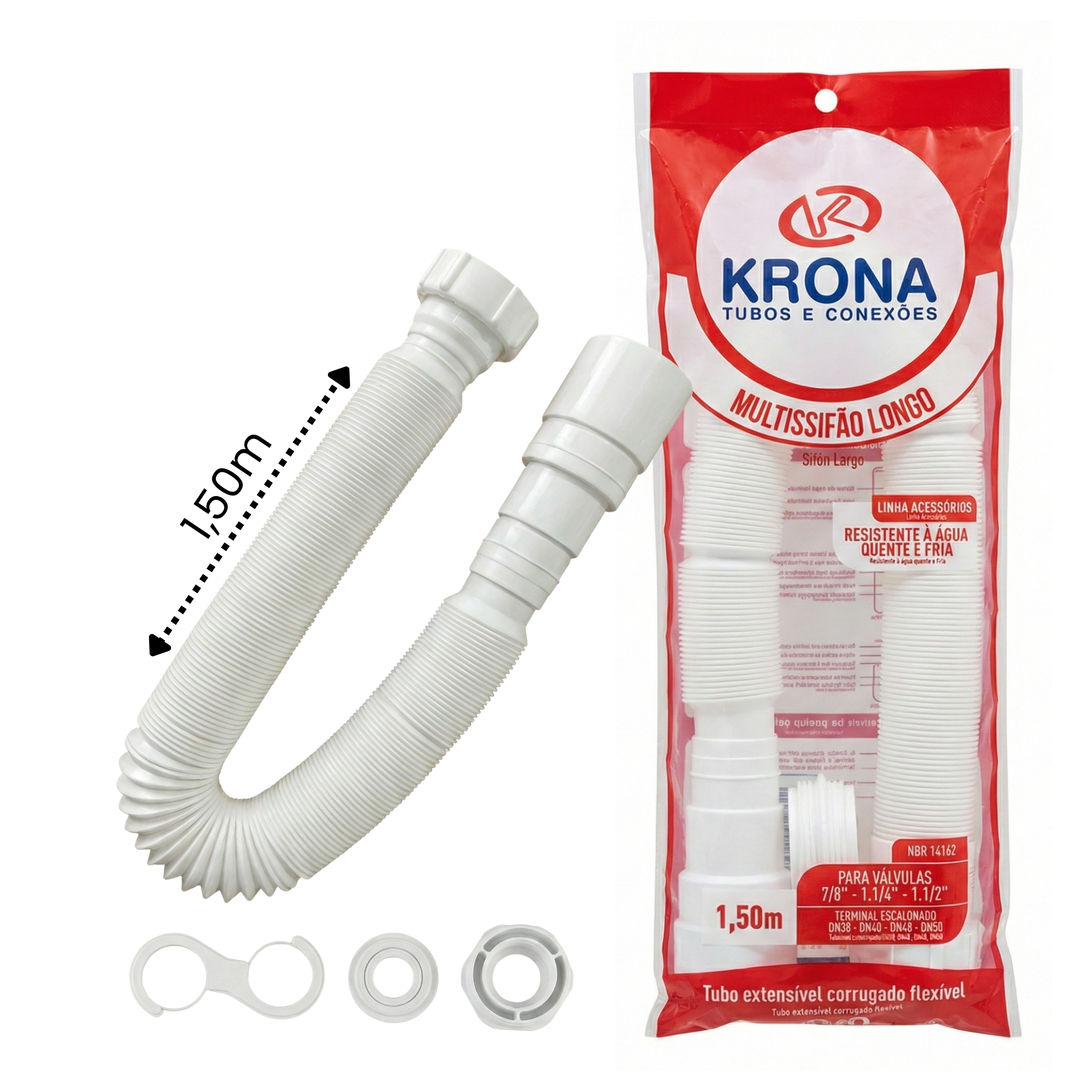 Multissifão Sanfonado Longo Universal Extensível 1,50m Krona - Água Quente e Fria