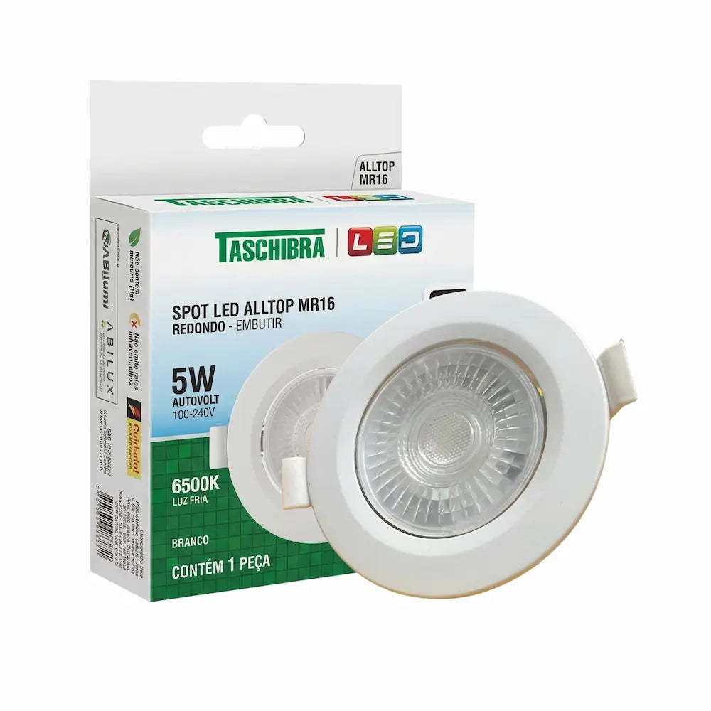 Kit Spot LED Embutir Redondo Taschibra MR16 5W 6500K Branco Bivolt – Luz Fria