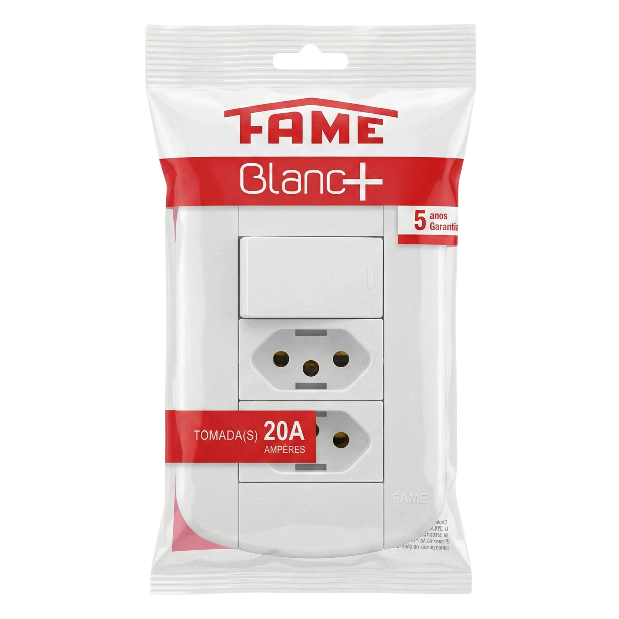 Conjunto 1 Interruptor Simples + 2 Tomadas 20A FAME Blanc+ 4x2 - Placa Branca Completa