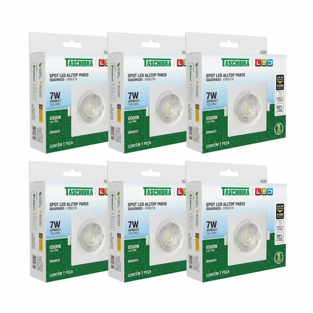 Kit Spot LED Embutir Quadrado Taschibra PAR20 7W 6500K Branco Bivolt – Luz Fria