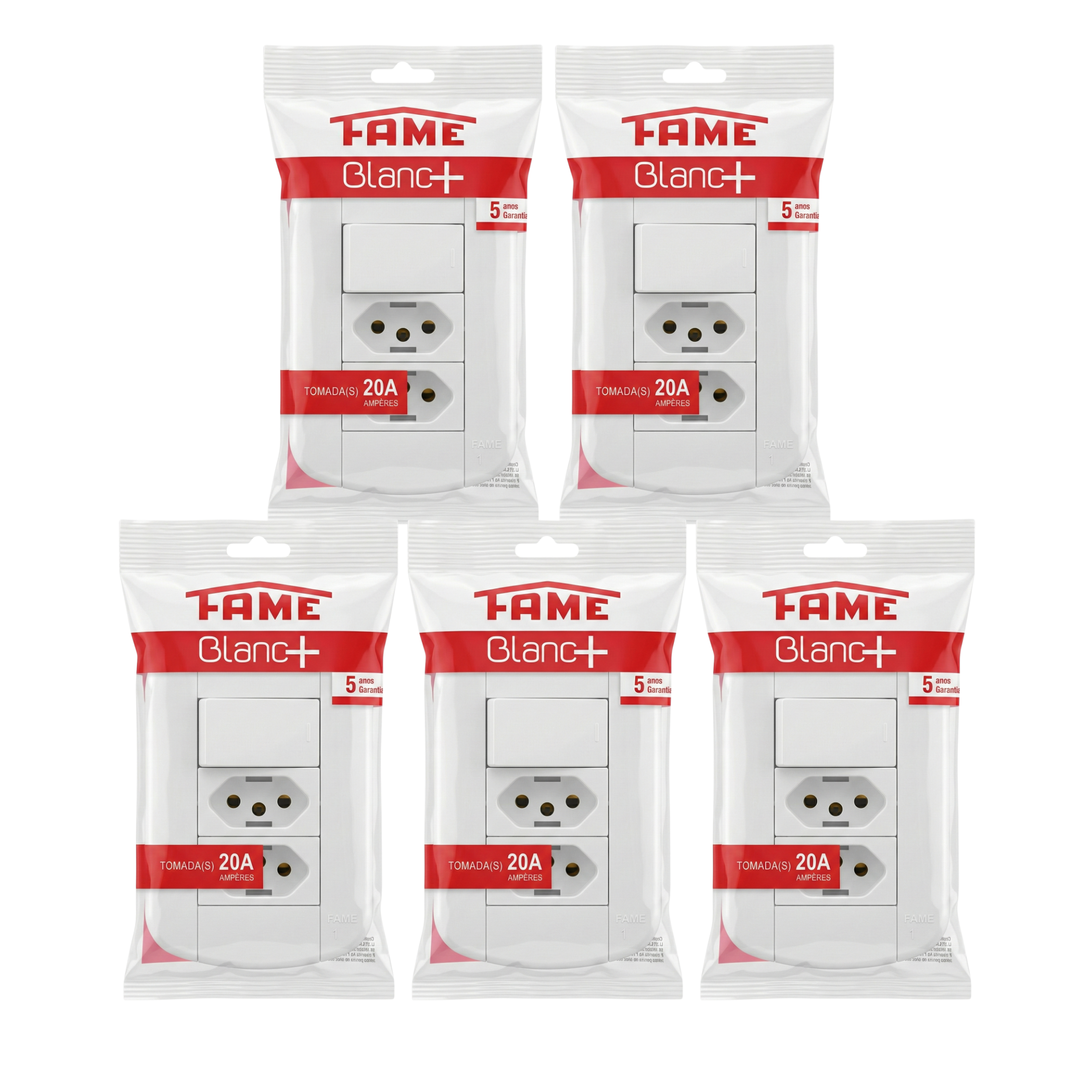 Conjunto 1 Interruptor Simples + 2 Tomadas 20A FAME Blanc+ 4x2 - Placa Branca Completa