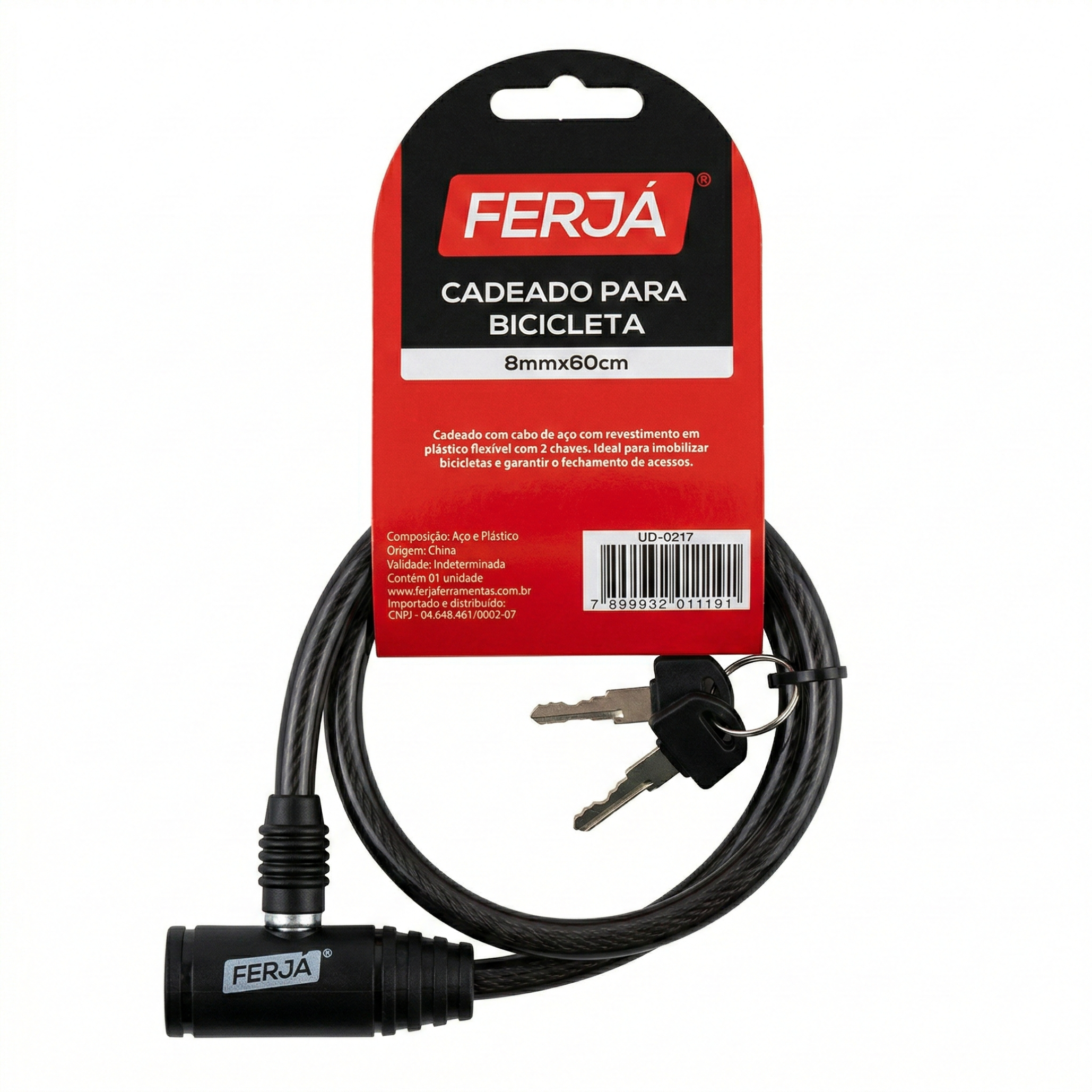 Cadeado para Bicicleta Ferja 8mm x 60cm com Cabo de Aço Revestido e 2 Chaves